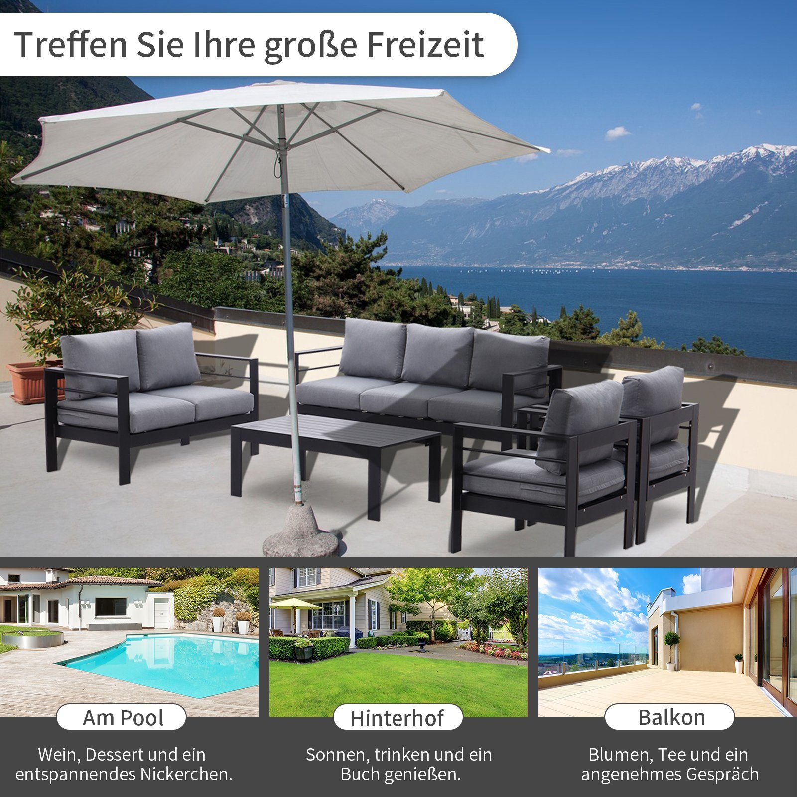 MeXo von GLP HOME Loungeset Gartenmöbel set sale aus Aluminium, Gartenlounge Set für 4-7 Personen, (Spar-Set, Essgruppe 4-5-tlg., 1x3er-Sofa, 1x2er-Sofa, 2xEinzelsessel, 1xTisch)