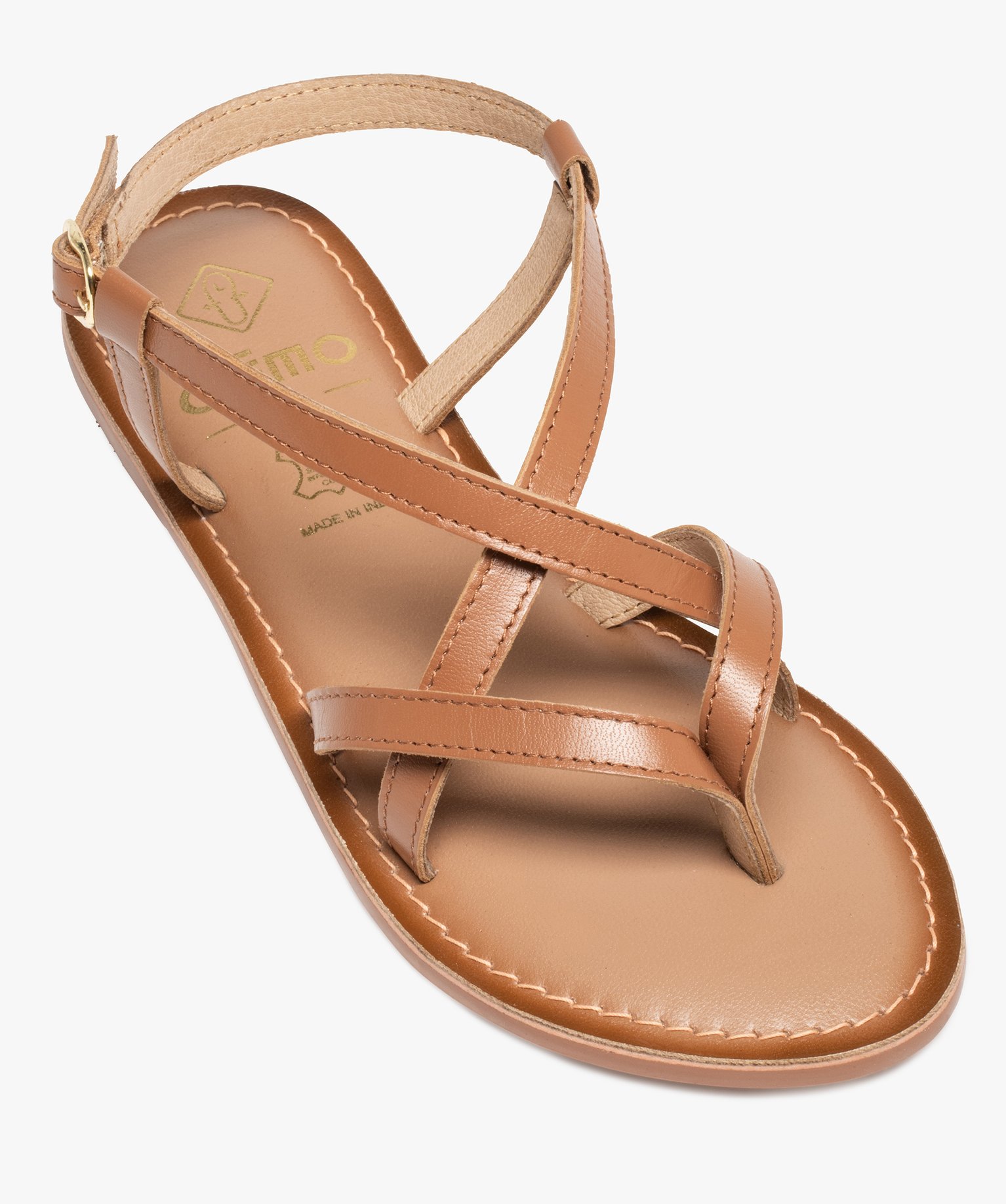 Nu-pieds femme en cuir fines brides spéciales pied large camel | GEMO
