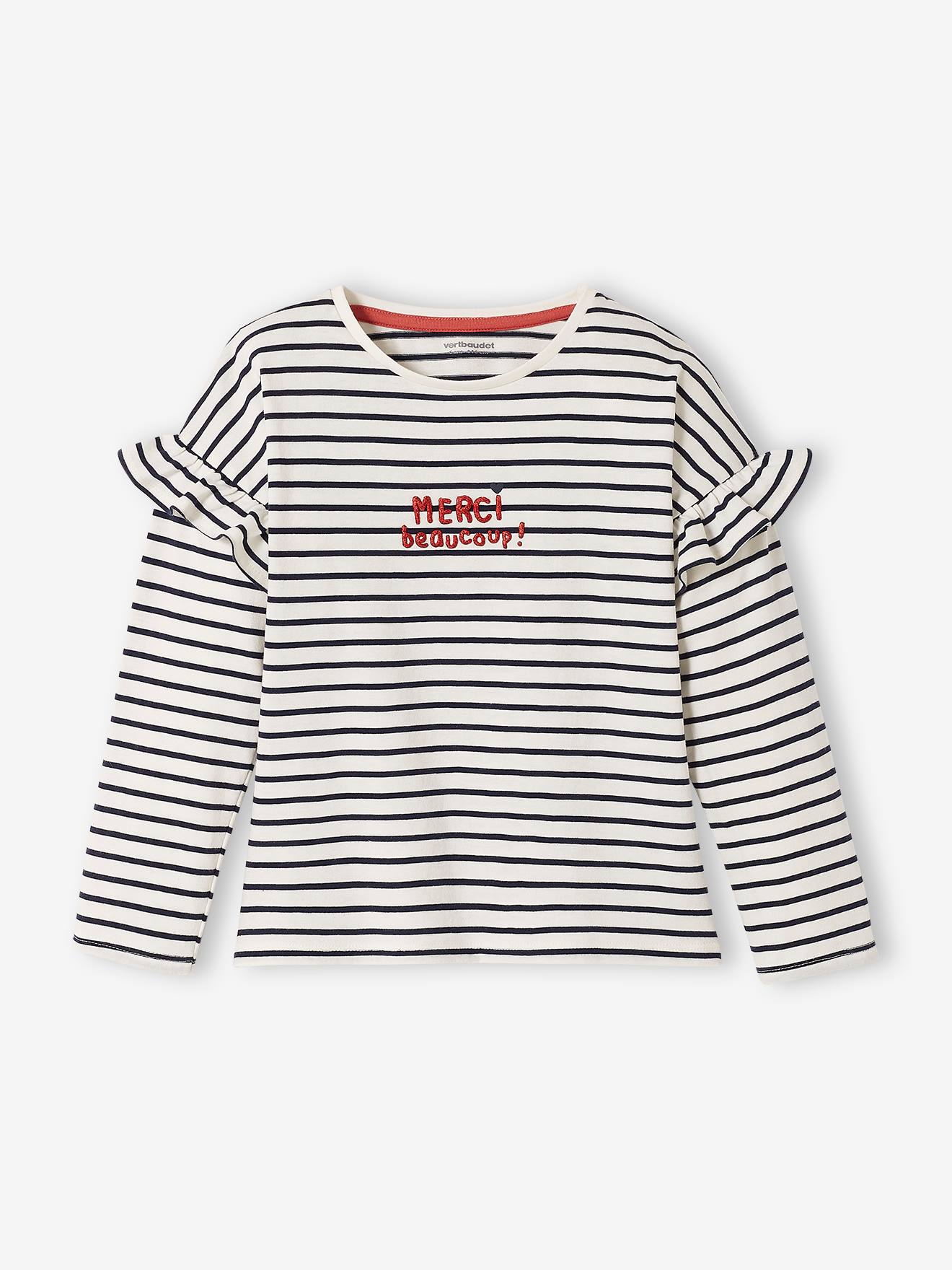 Tee-shirt à message manches volantées fille bleu à pois