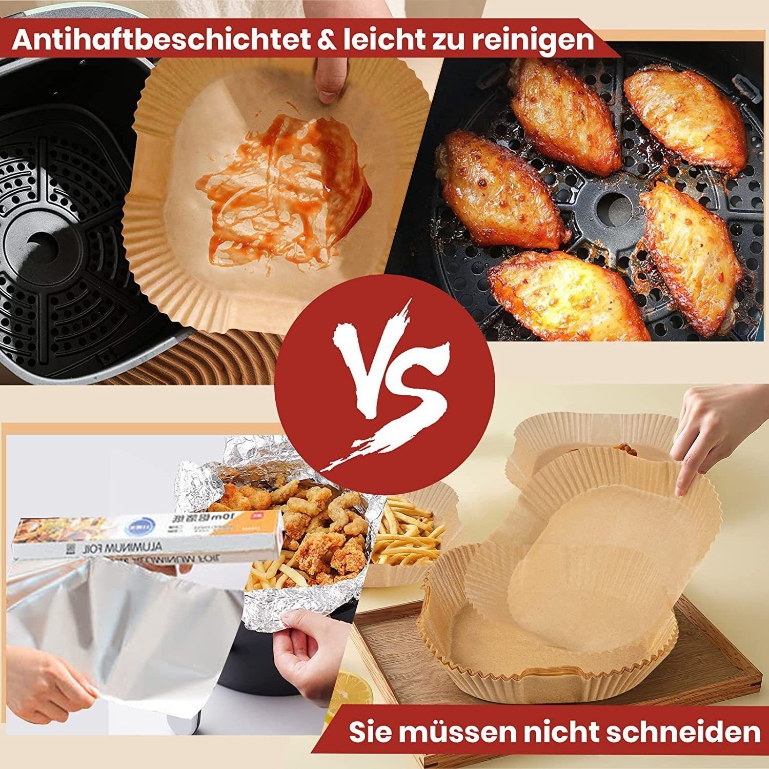 SOTOR Backpapier 200 Stück Backpapier für Heißluftfritteuse, quadratisches Backpapier, Nicht klebend, Einweg, ölbeständig Backpapier Airfryer, 16.5cm/20cm