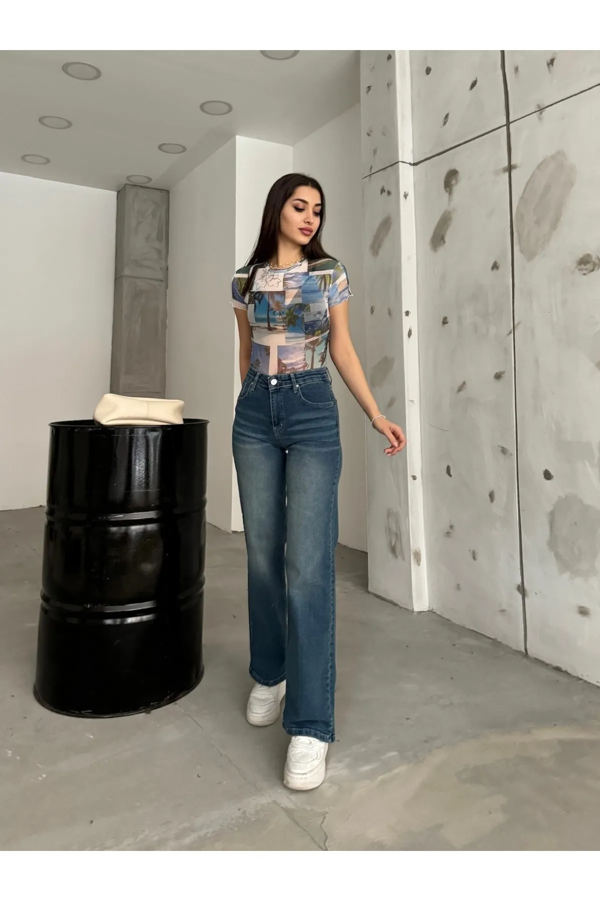 BİKELİFE  Damen-Palazzo-Jeans aus dunkelblauem, blassem Lycra mit hoher Taille und weitem Bein, lockere Passform