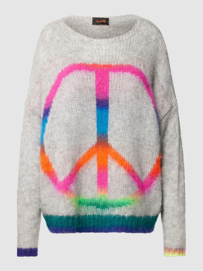Strickpullover mit überschnittenen Schultern Modell 'PEACE' in hellgrau meliert