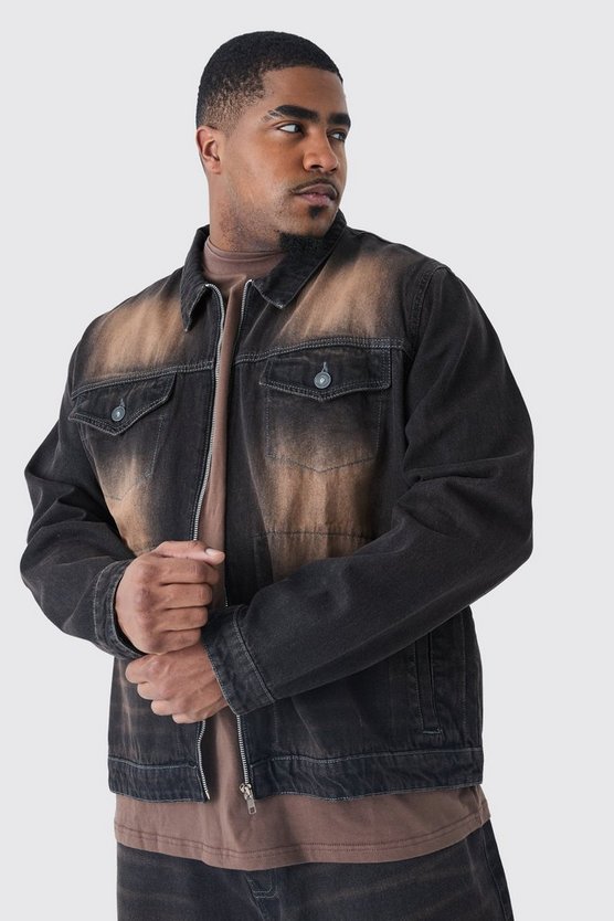 Plus Zip Through Washed Denim Jacket