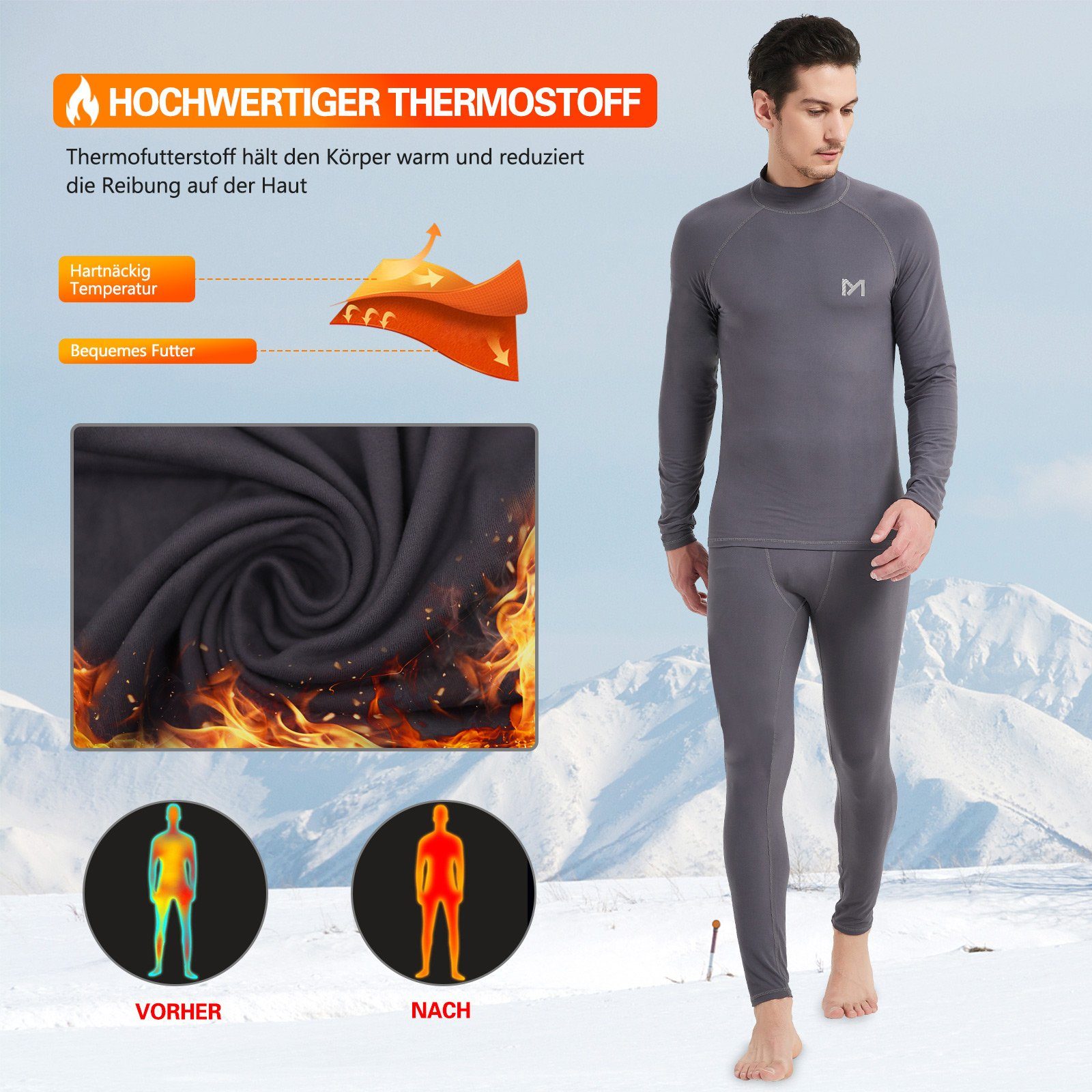 MEETYOO Thermounterhemd Skiunterwäsche Herren (Fleece Funktionsunterwäsche Set, Lange Unterhosen Funktionsunterhemd Kompressionsanzug) Rollkragen Thermohemd Thermohose