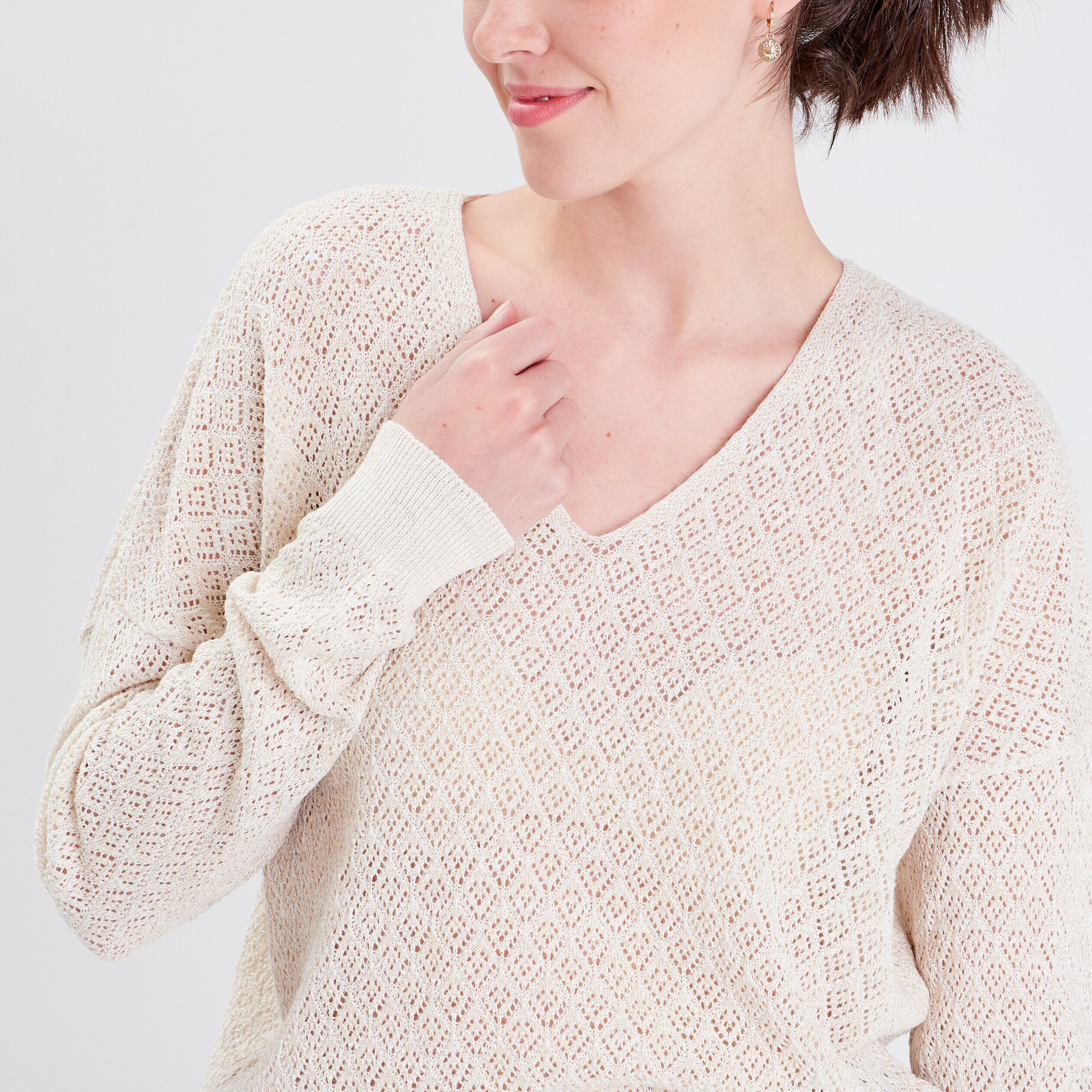 Pull manches longues ajouré ecru femme | Cache Cache