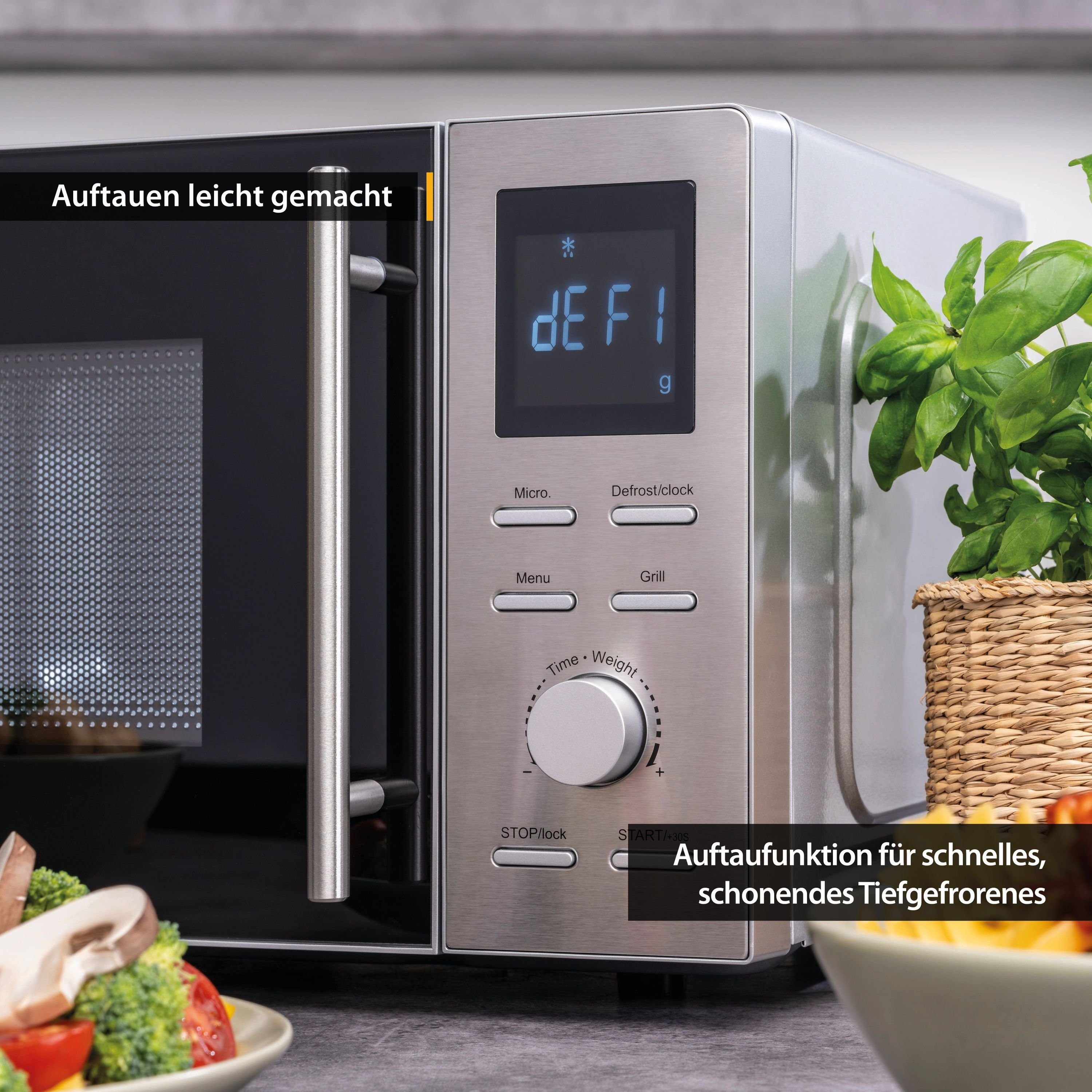 TZS FIRST AUSTRIA Mikrowelle mit Grillfunktion, 20L, Edelstahl, Schnellstart, 1100W, Mikrowelle mit Grill / Solo Betrieb, 14 l, 8 Automatikprogramme, Kindersicherung, 2in1 Mikrowelle