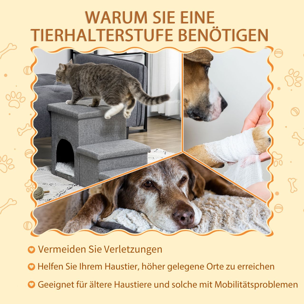 PawHut Hundetreppe, 3 Stufige Katzentreppe mit Höhle, 3-in-1 Tiertreppe Hellgrau