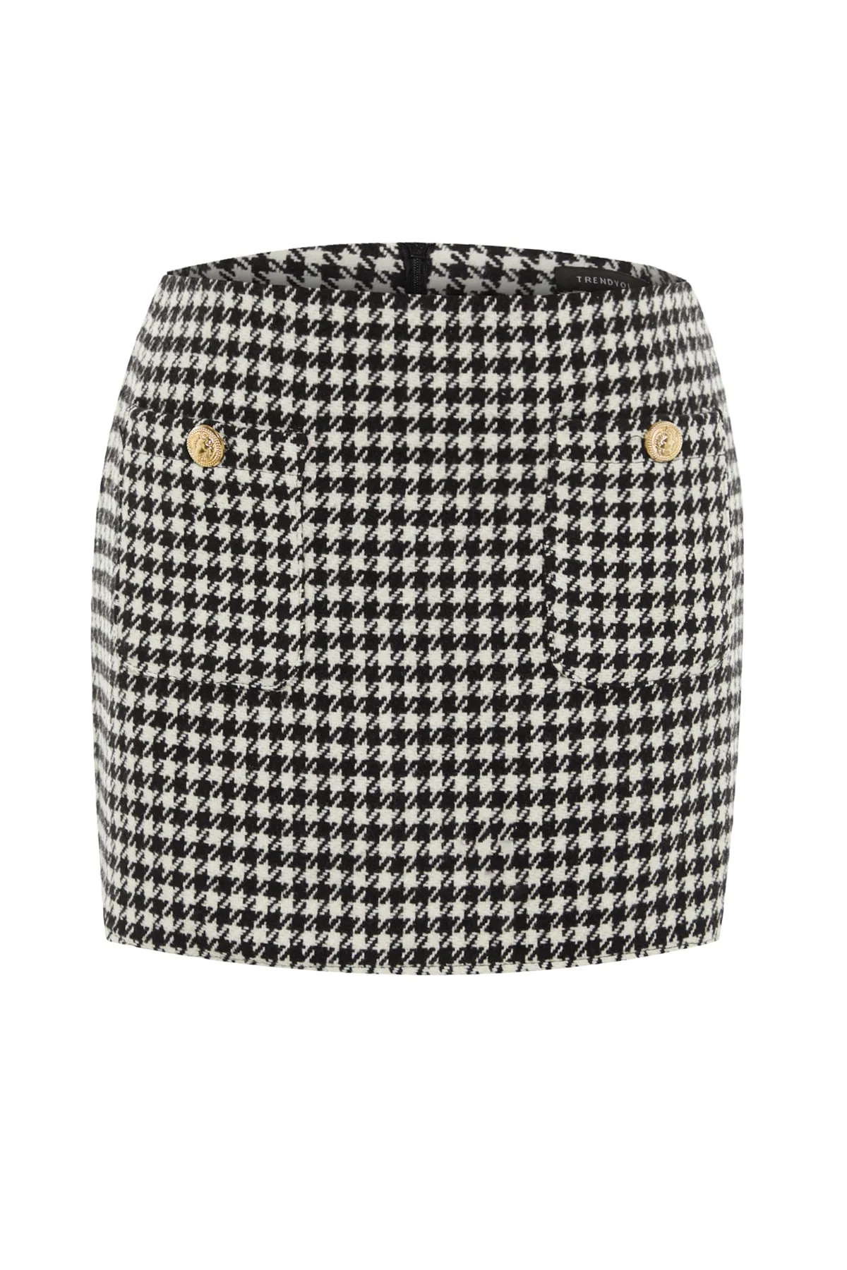 Trendyol Collection  Schwarzer, gewebter Minirock mit Knopfdetail und Hahnentrittmuster TWOAW23ET00227
