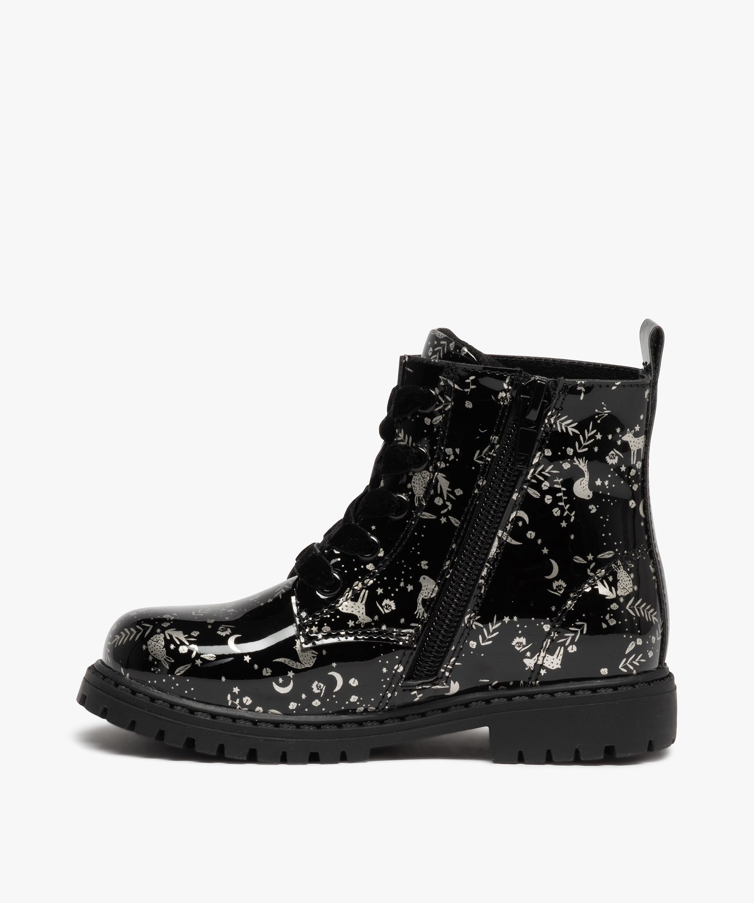 Boots fille style rock vernies à lacets et zip noir | GEMO