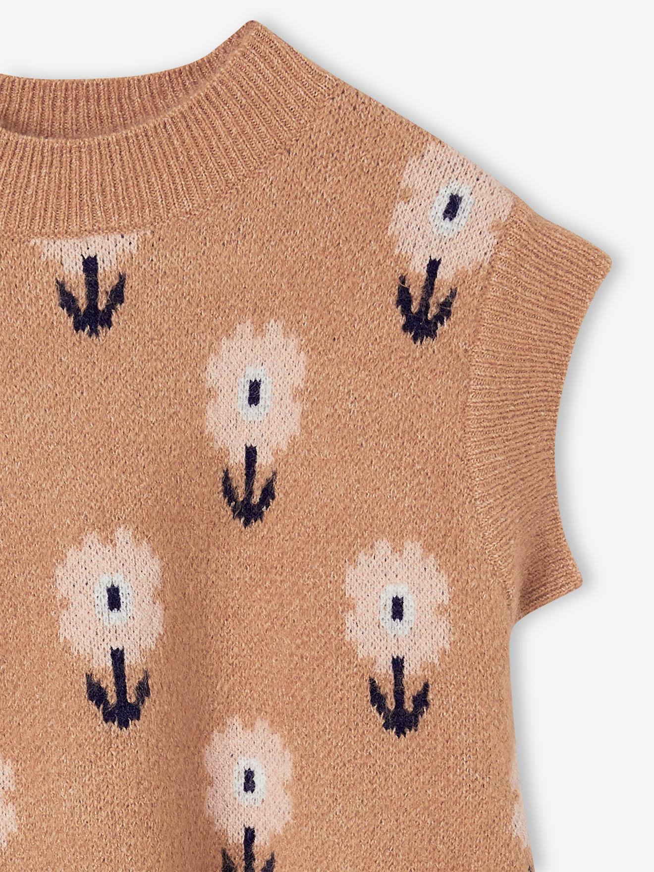 Pull sans manches à fleurs fille camel