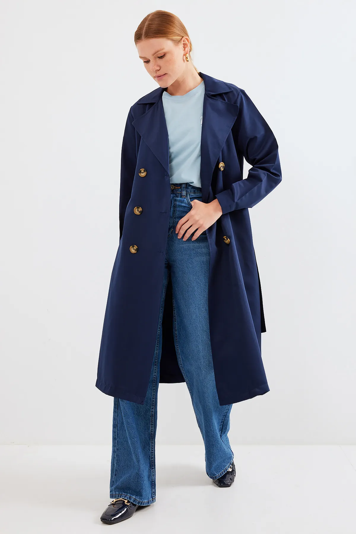 Bigdart  5853 Zweireihiger Trenchcoat mit Kragen – Marineblau