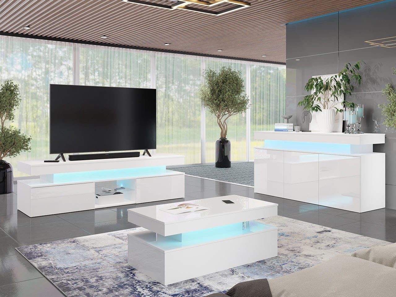 Mirjan24 Wohnzimmer-Set Glossa I, (3er-Set, Kommode, TV-Lowboard, Couchtisch), mit blauer LED-Beleuchtung