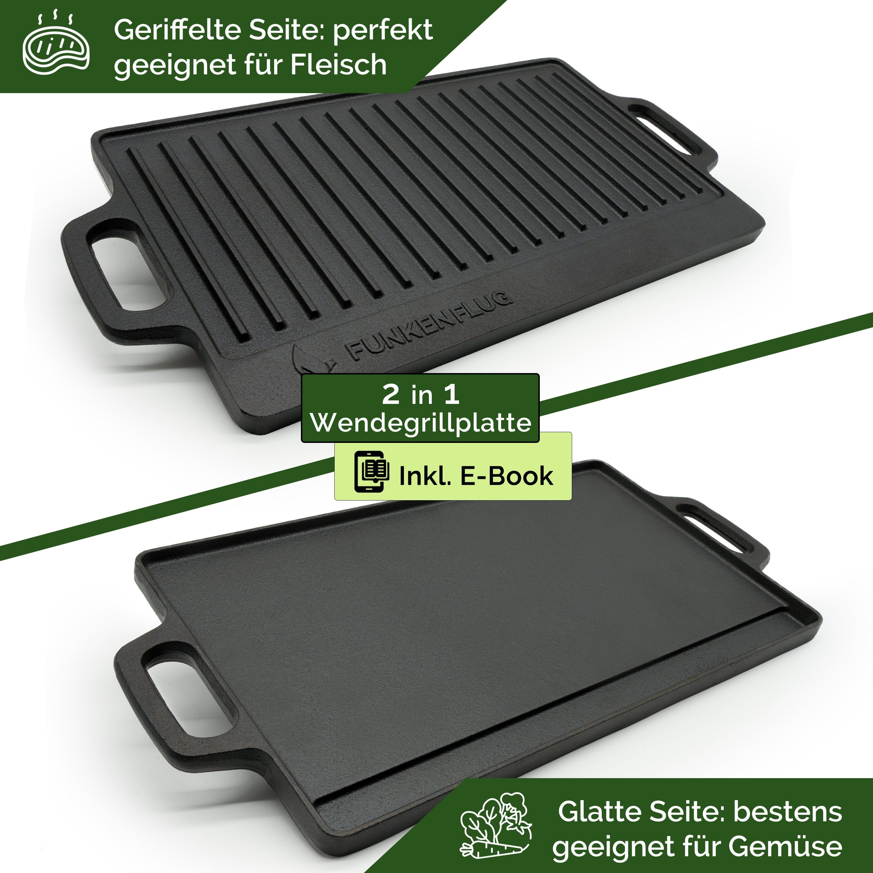 Funkenflug Grillplatte Grillplatte Gusseisen [45,5x23 cm] für sensationelle Grill Ergebnisse (ohne Anbrennen - Gussplatte für Gasgrill, Holzkohlegrill, Ofen & Herd -, 1-St., Grillplatte Gasgrill mit Fettauffangfläche), 2 in 1 Gussplatte