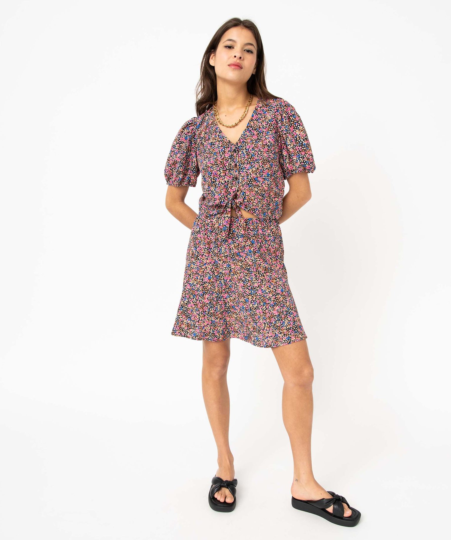 Blouse courte à fleurs et manches ballon femme imprime | GEMO