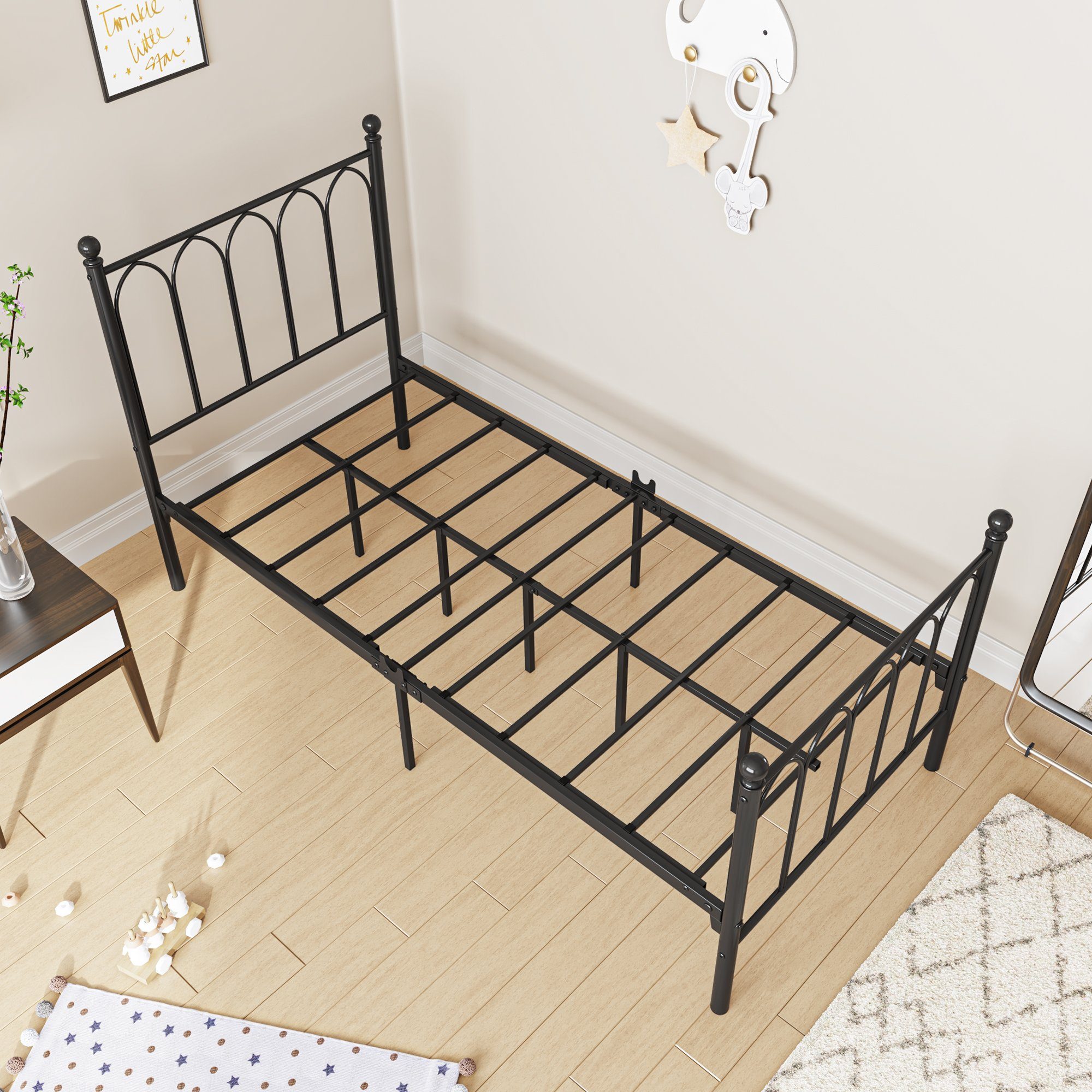 WISHDOR Metallbett Metallbett Einzelbett Jugendzimmer mit Lattenrost ohne Martatze (Schwarz 90x190cm), Klassisch & Romantisch, mit Lattenrost Ohne Martatze, für Schlafzimmer