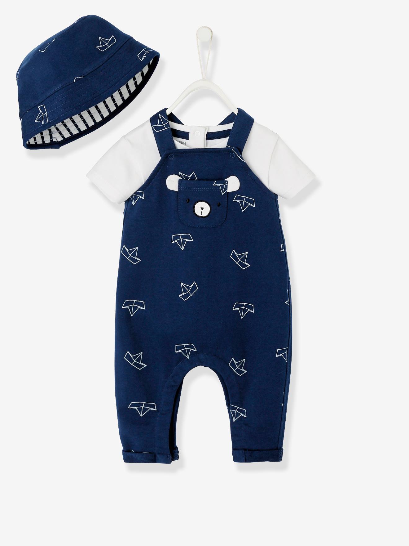 Vertbaudet Baby-Set: Sonnenhut, Body und Latzhose Oeko-Tex - weiß/blau