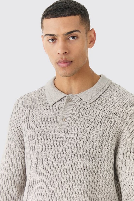 Langärmliges strukturiertes Poloshirt