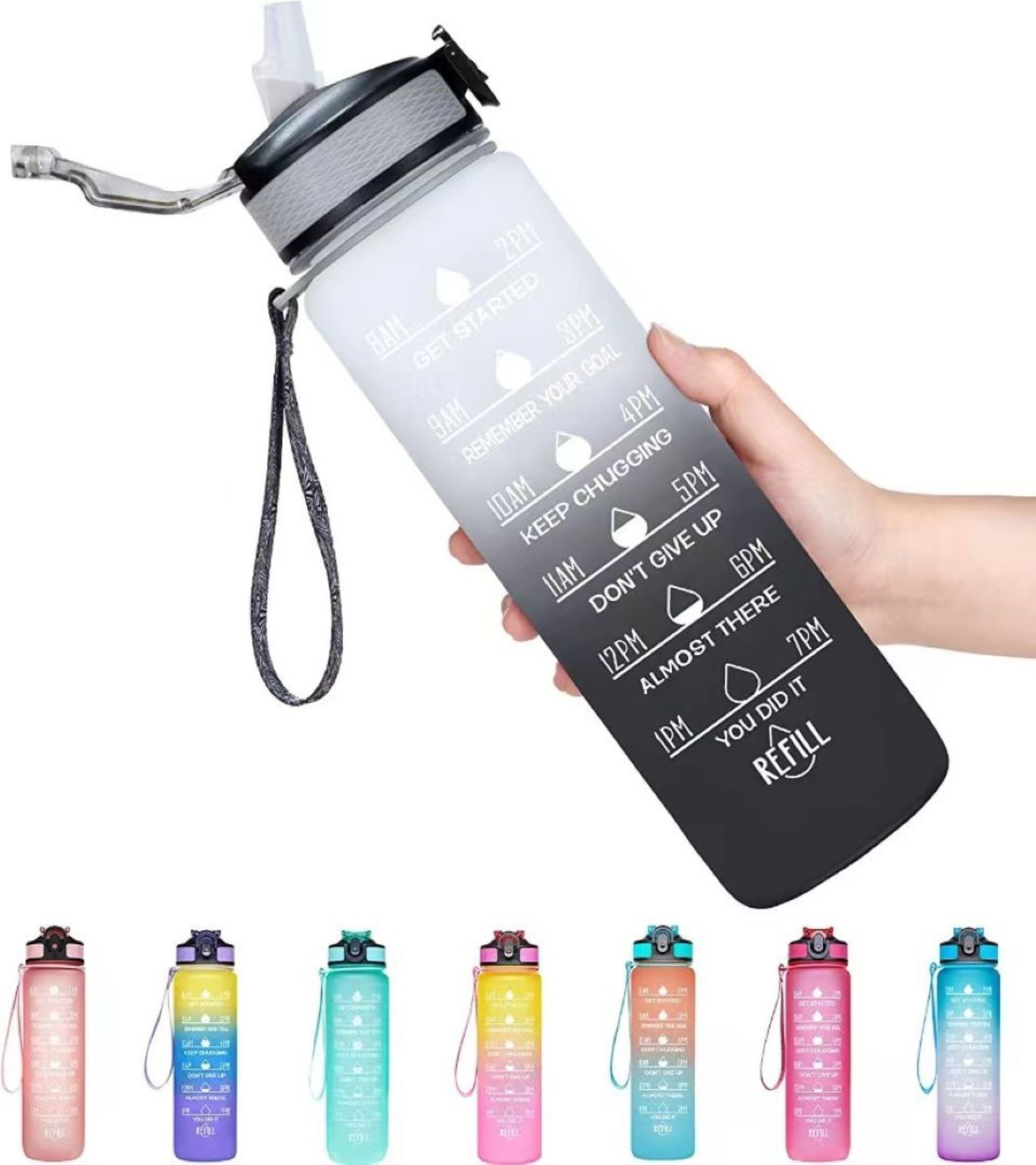 Botells Trinkflasche Sportflasche Wasser 1 l, Trink Motivation Skala, Strohhalm, Fitness, Sport, Schule, Ausflug, Büro, leicht, auslaufsicher, motivierend