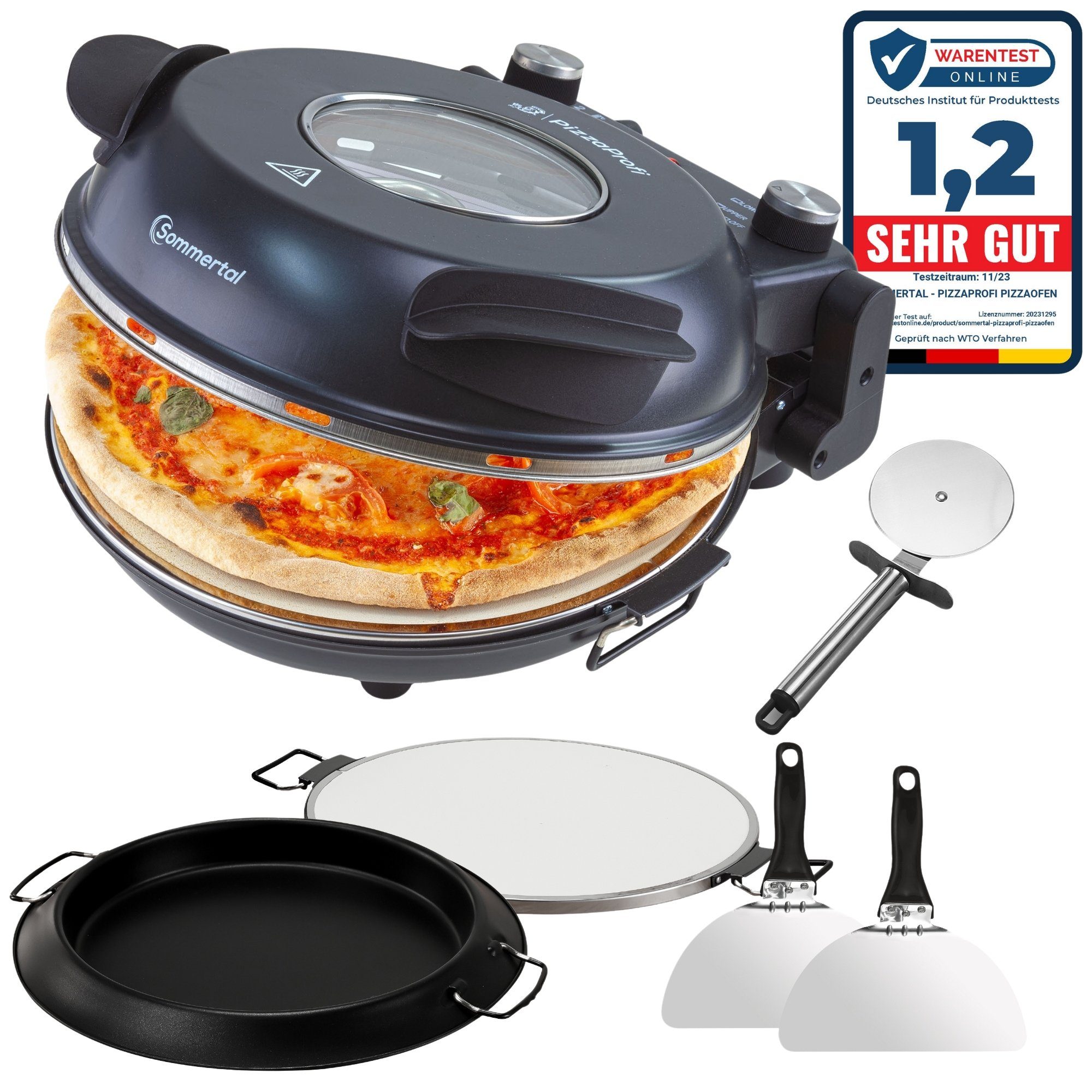 Sommertal Pizzaofen Sommertal PizzaProfi Pizzaofen, 32cm Pizzastein, mit Pfanneneinsatz, 2x Pizzaschieber, Pizzaschneider, Steinplatte