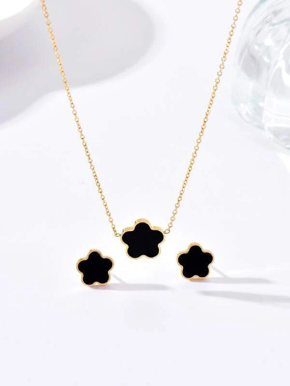 ENGELSINN Ohrring und Ketten Set Schmuckset Edelstahl-Schmuckset Halskette Ohrringe Blume Gold Schwarz (3-tlg), inkl. Geschenkbox