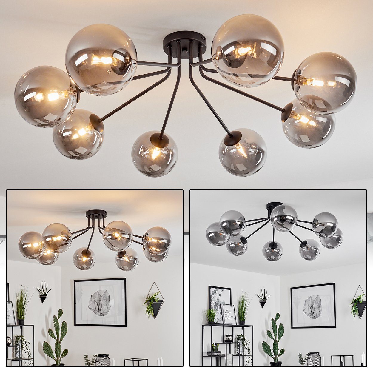 hofstein Deckenleuchte Garaguso moderne Deckenlampe aus Metall/Glas in Schwarz/Rauchfarben, ohne Leuchtmittel, Leuchte im Retro/Vintage-Design mit Schirmen aus Rauchglas, 8xG9