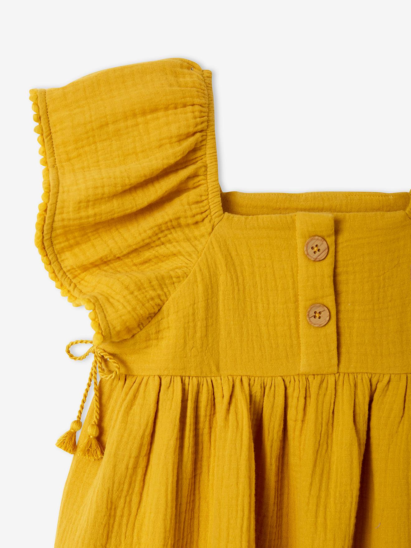 Robe en gaze de coton détails fantaisie fille moutarde
