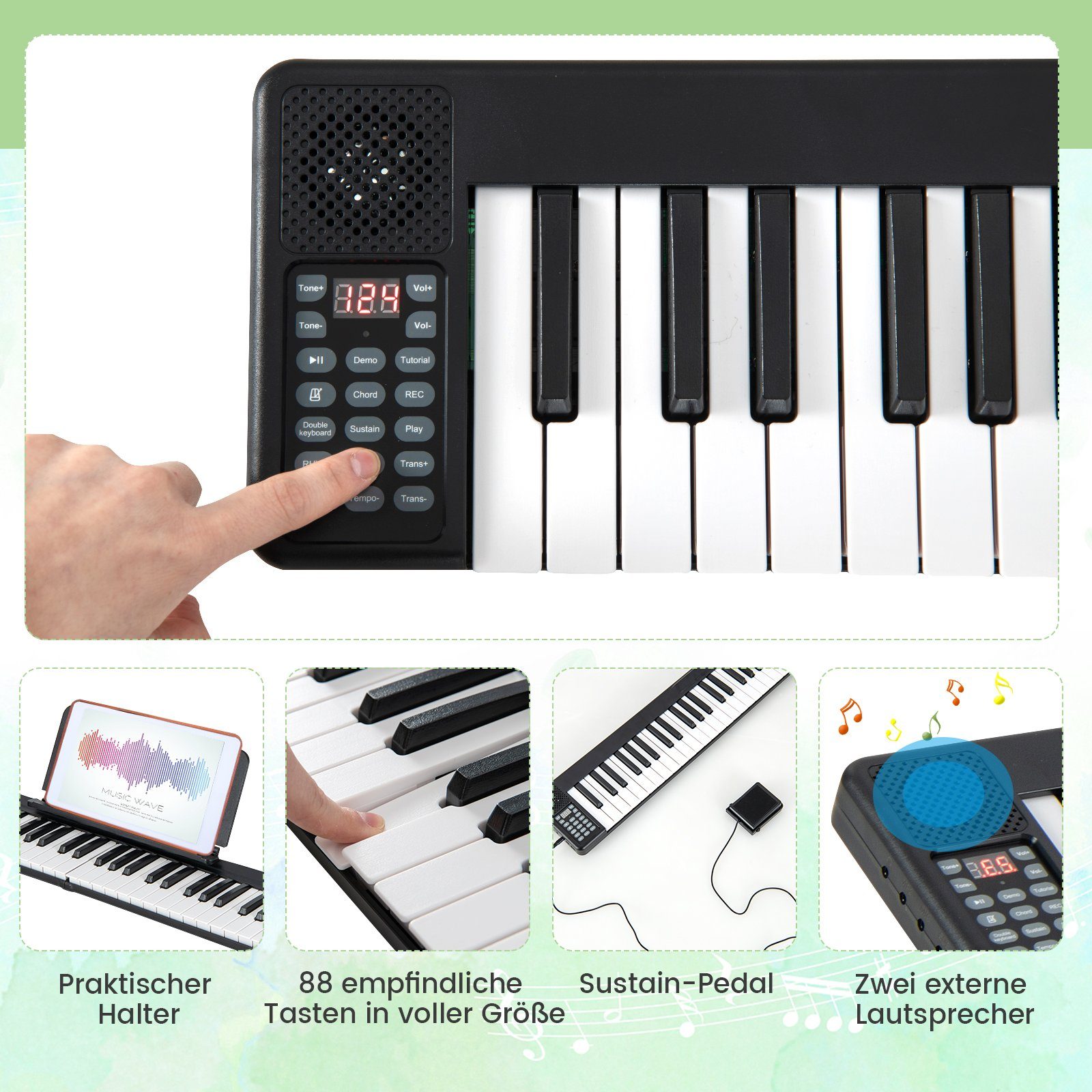 COSTWAY Home Keyboard, faltbar, 88 Tastatur, Bluetooth, mit Tragetasche