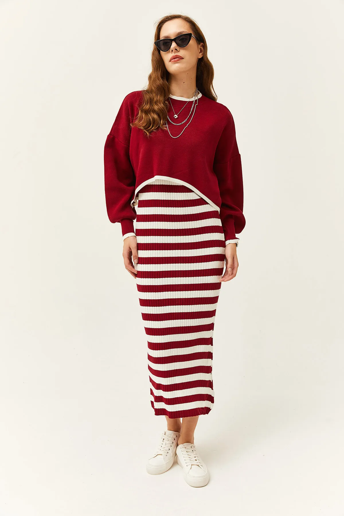 Olalook  Damen-Strickanzug mit Oberteil, Pullover und Unterkleid in Burgunderrot TKM-19000237