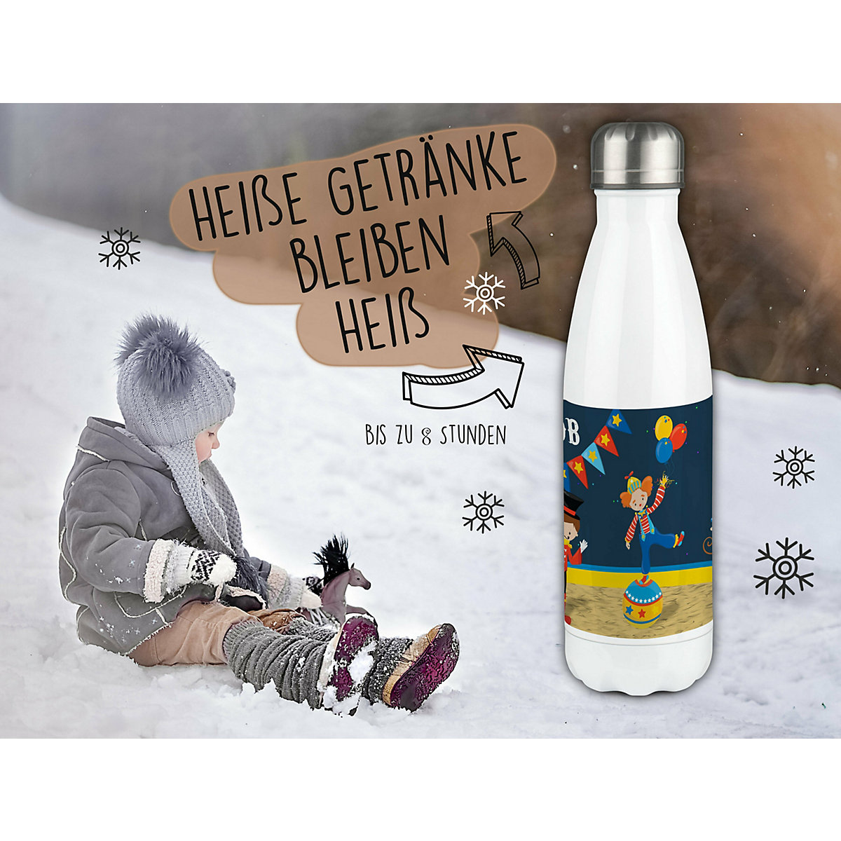 Edelstahl Kinder Thermoflasche / Trinkflasche bunt Circus Spülmaschinenfest, Auslaufsicher, Bruchfest, Doppelwandig, Für Heißgetränke geeignet, Mit Deckel, Isoliert