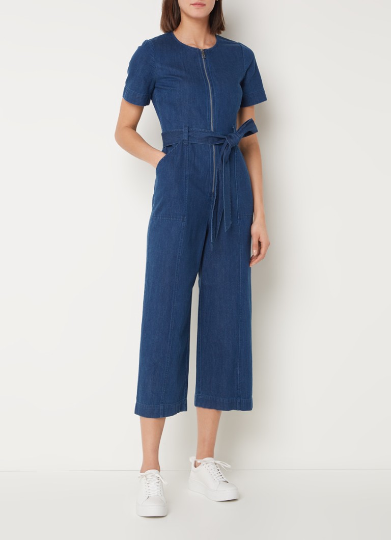 Whistles  Straight fit cropped jumpsuit van denim met strikceintuur