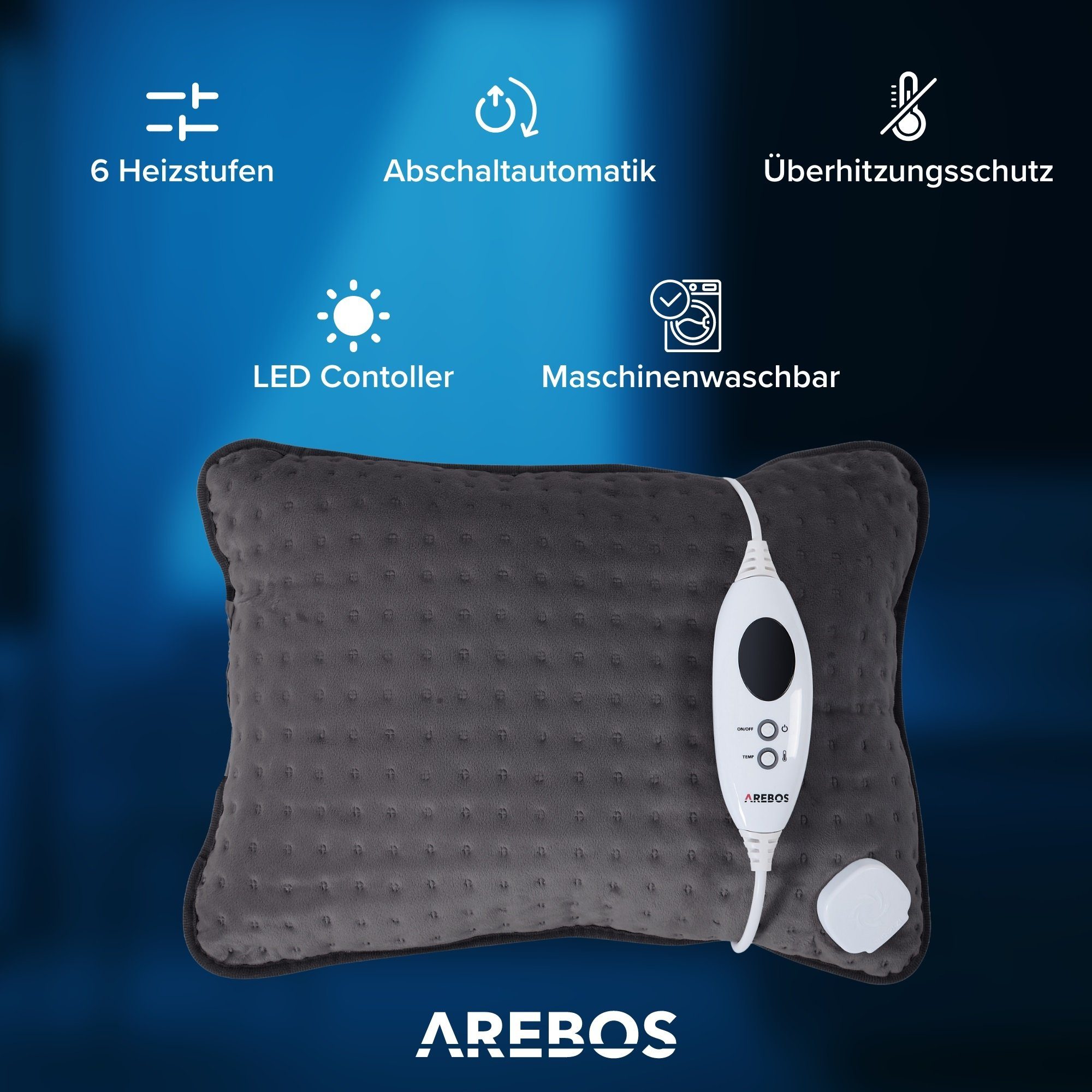Arebos Heizkissen elektrisch Wärmekissen mit Füllung 6 Heissstufen 44 x 33 x 14 cm 100 W, Kabellänge: 2,4 m