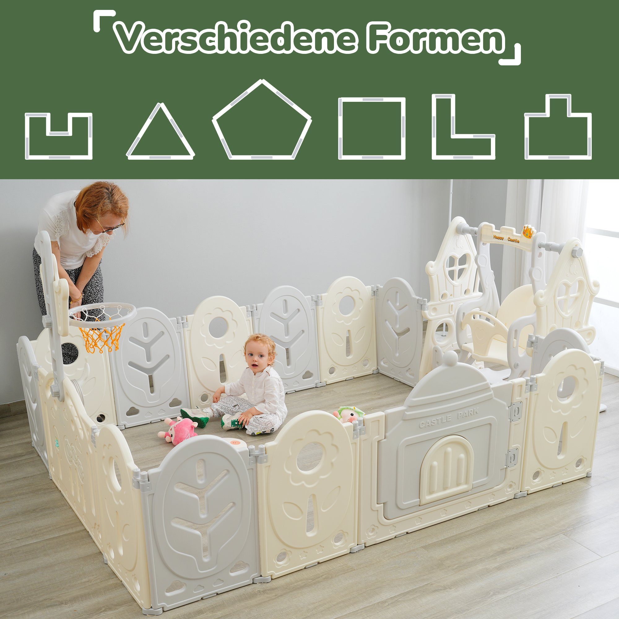 BlingBin Laufgitter 12+2Baby-Laufstall abnehmbar, faltbar (14-tlg), mit Tür, Spielbrett, Basketballkorb und Kinderschaukel, 200*160*90cm