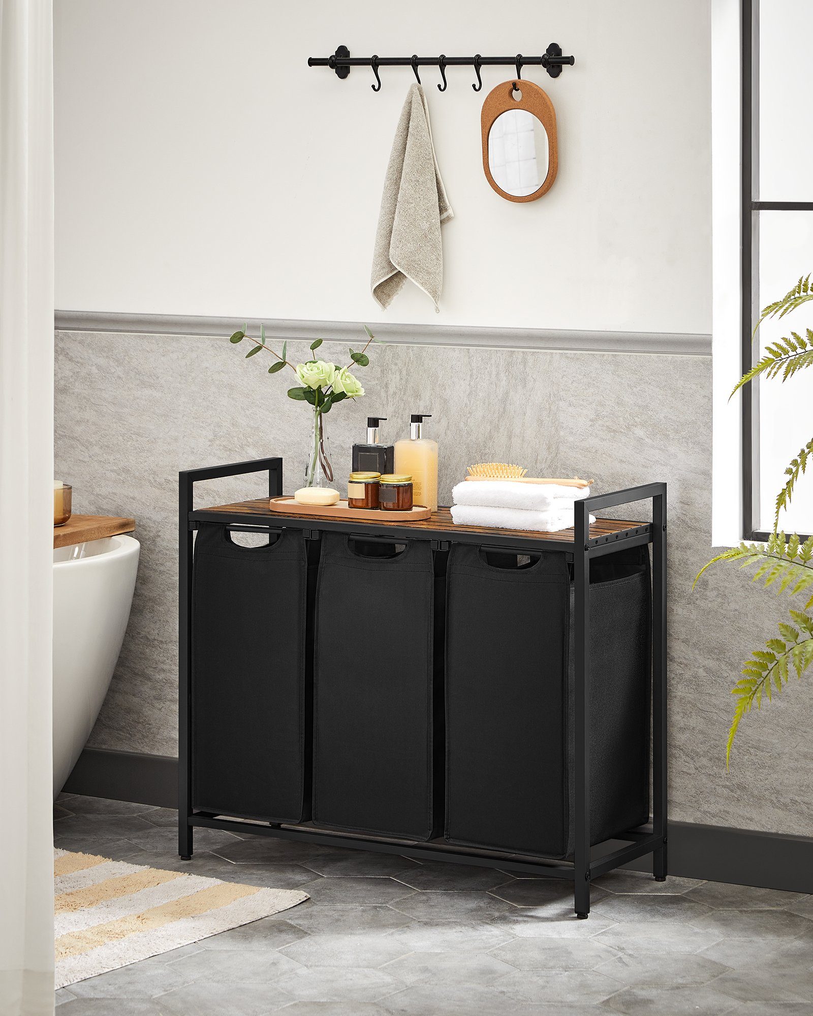 VASAGLE Wäschekorb, 3 Fächer, mit Ablage, ausziehbar und abnehmbar, 3 x 38 L