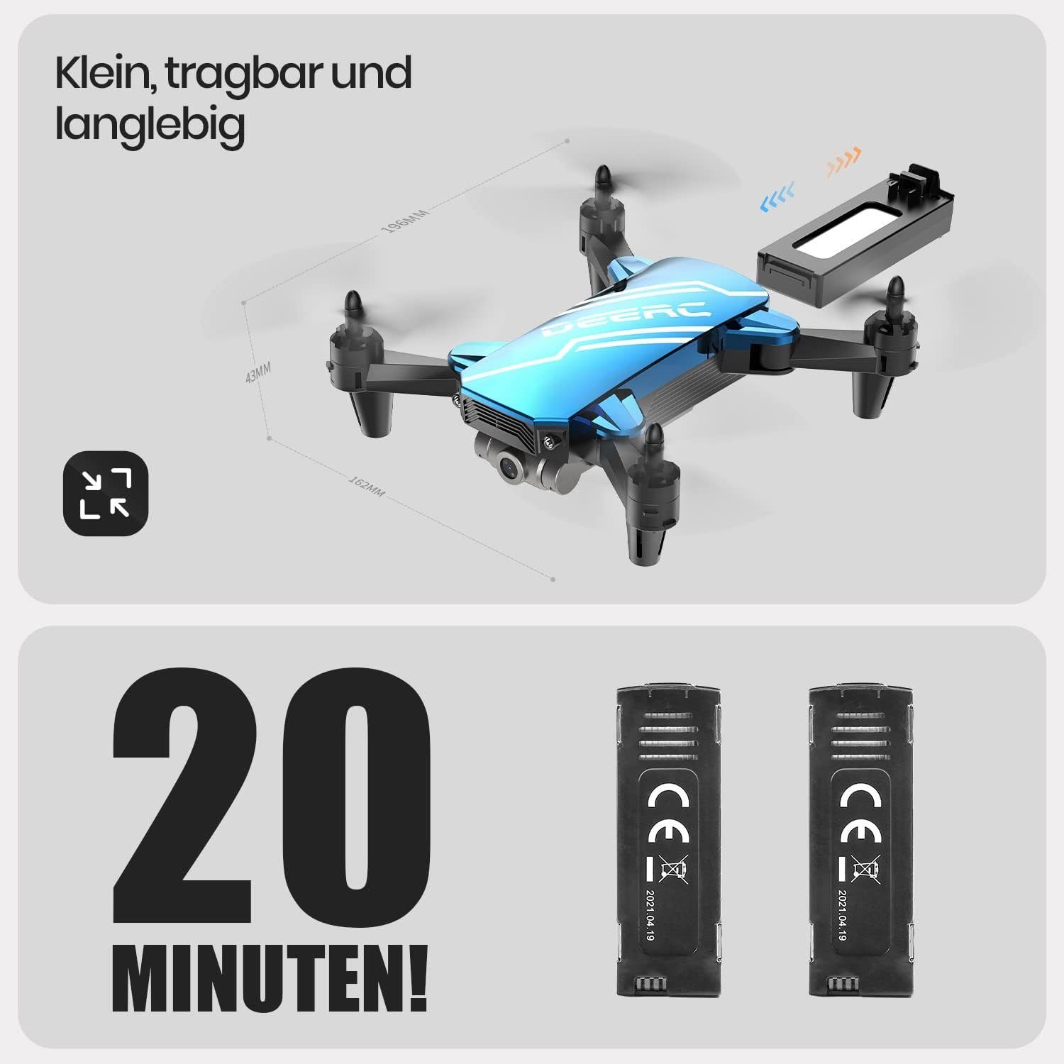 DEERC Drohne (720P, Faltbar RC Quadcopter mit FPV Live Übertragung,lange Gestensteuerung)