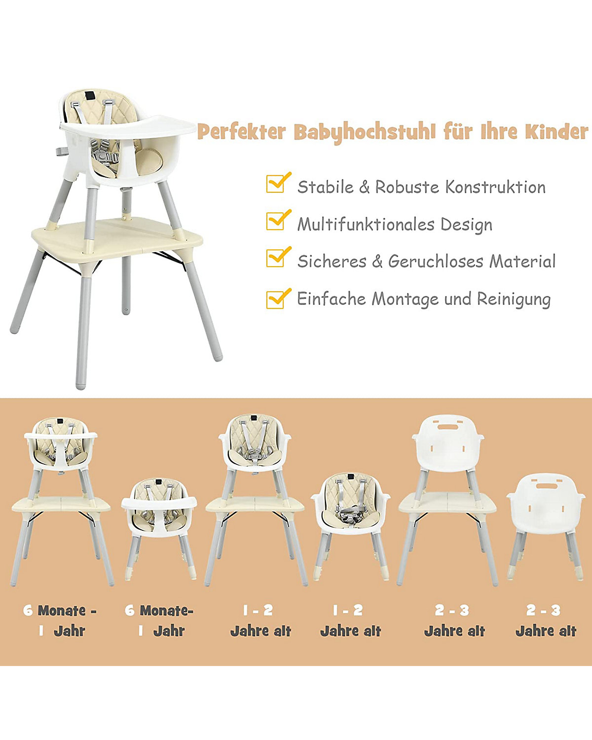4in1 Baby Hochstuhl mit abnehmbarem & verstellbarem Tablett