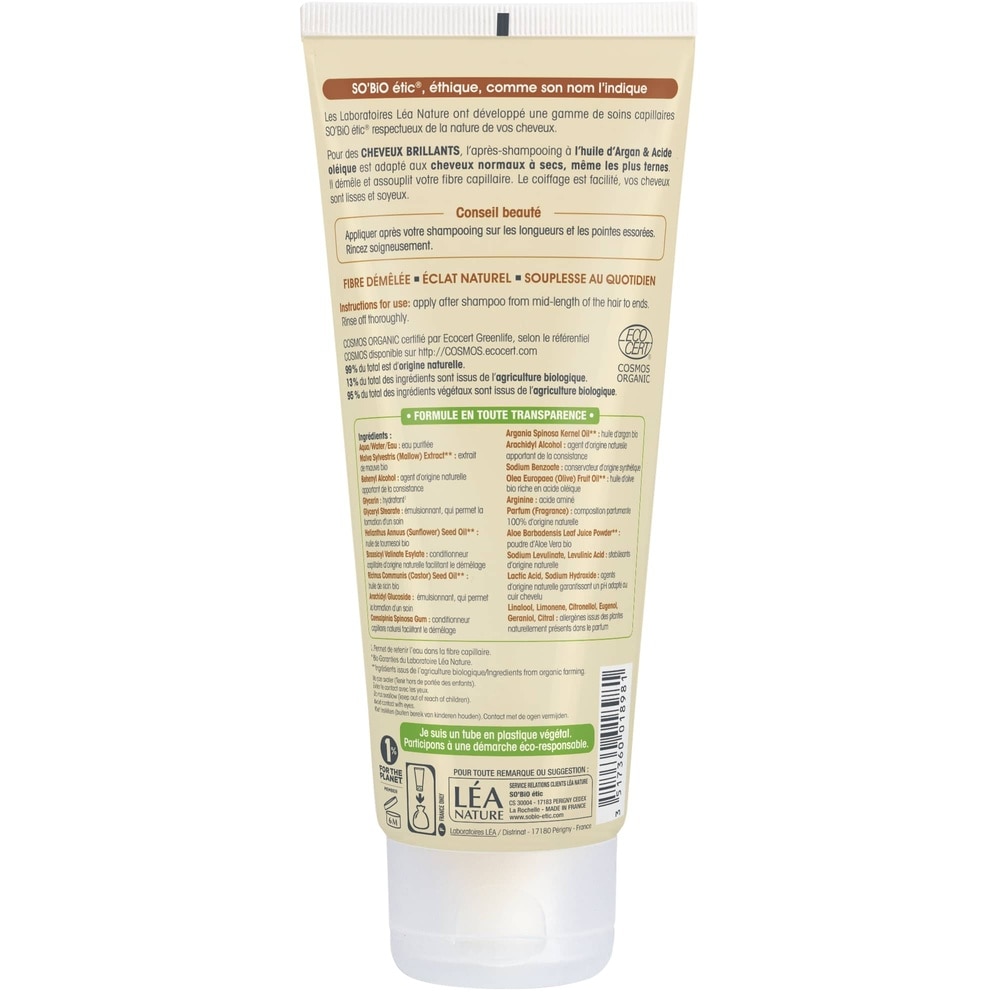 LÉA NATURE SO BiO étic Après-shampooing cheveux brillants, Argan bio & Acide oléique Après-shampooing