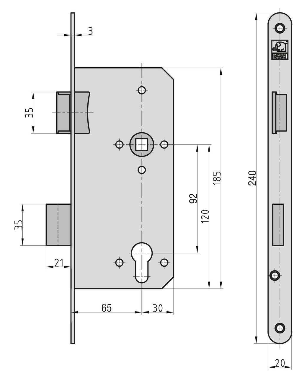 Basi Einsteck-Haustürschloss - ES 977 - Lochung: PZW - Stulp 20 mm abgerundet - DIN Rechts