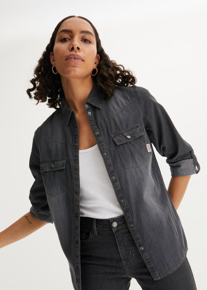 Jeansbluse mit Druckknöpfen, Langarm