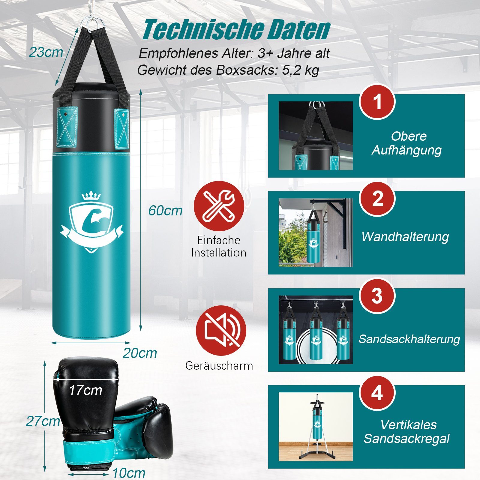 COSTWAY Boxsack, mit 8oz Boxhandschuhen & Handschlaufen