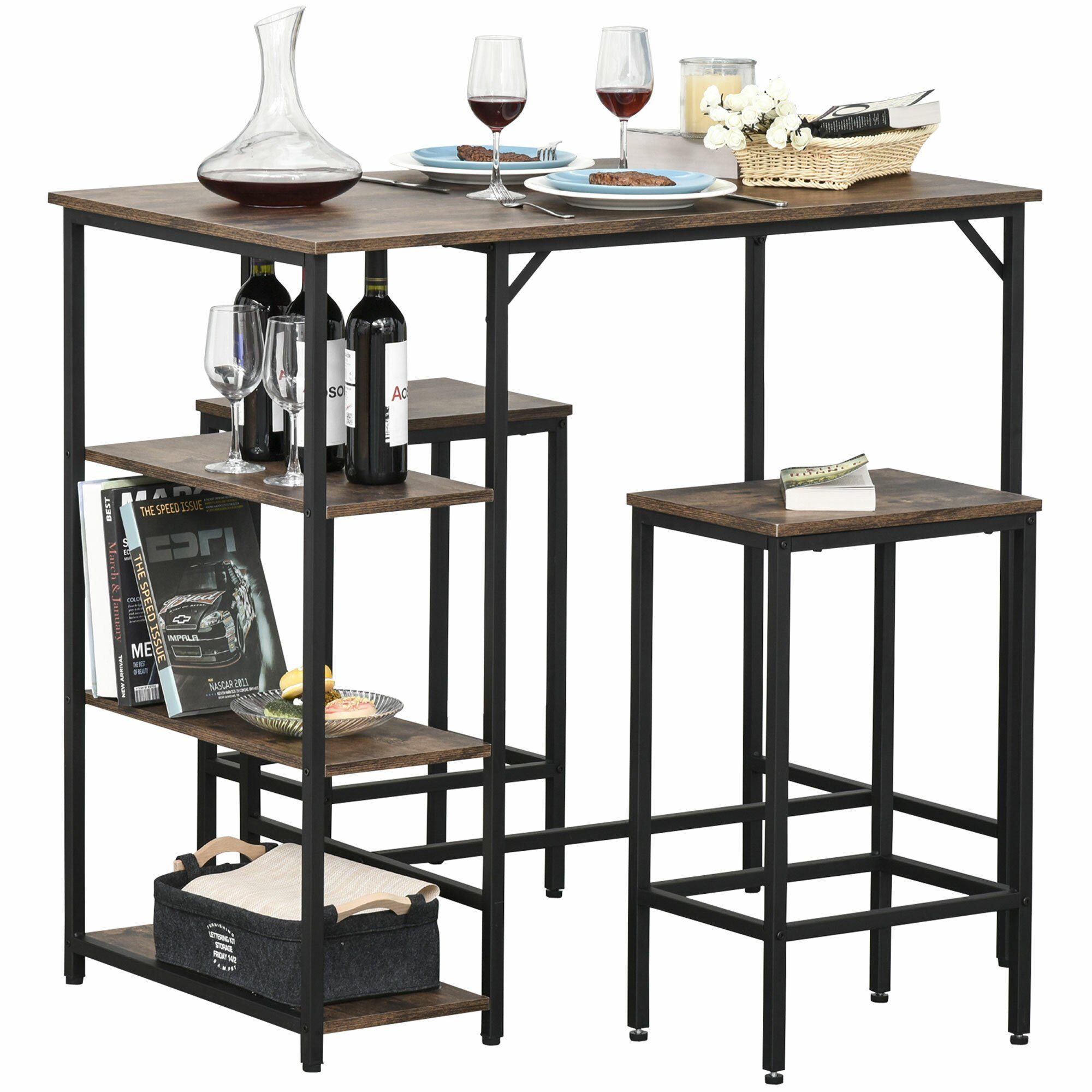 HOMCOM Bargruppe Bartisch-Set mit 2 Barhockern