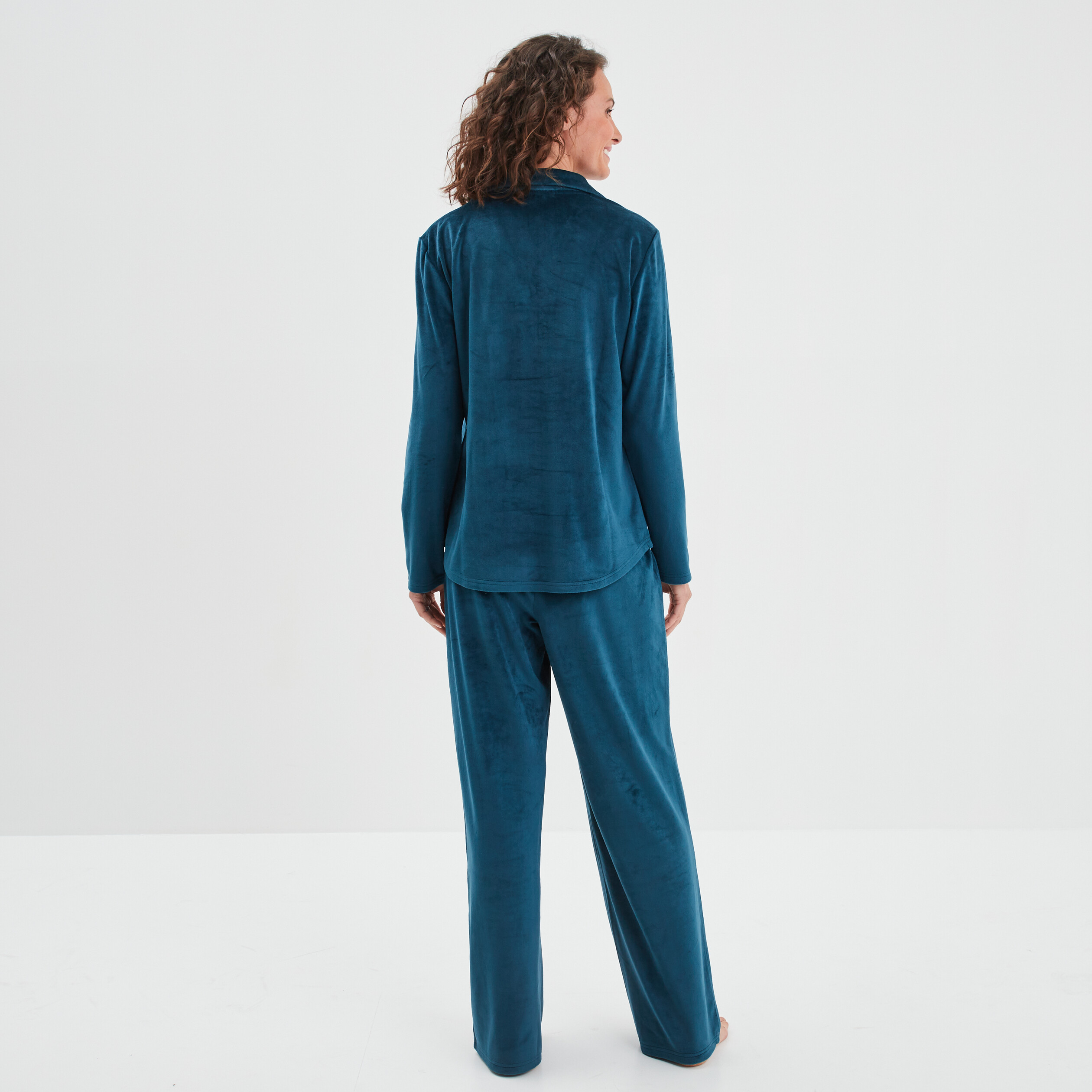 Ensemble pyjama chemise pantalon velours bleu canard femme | La Halle