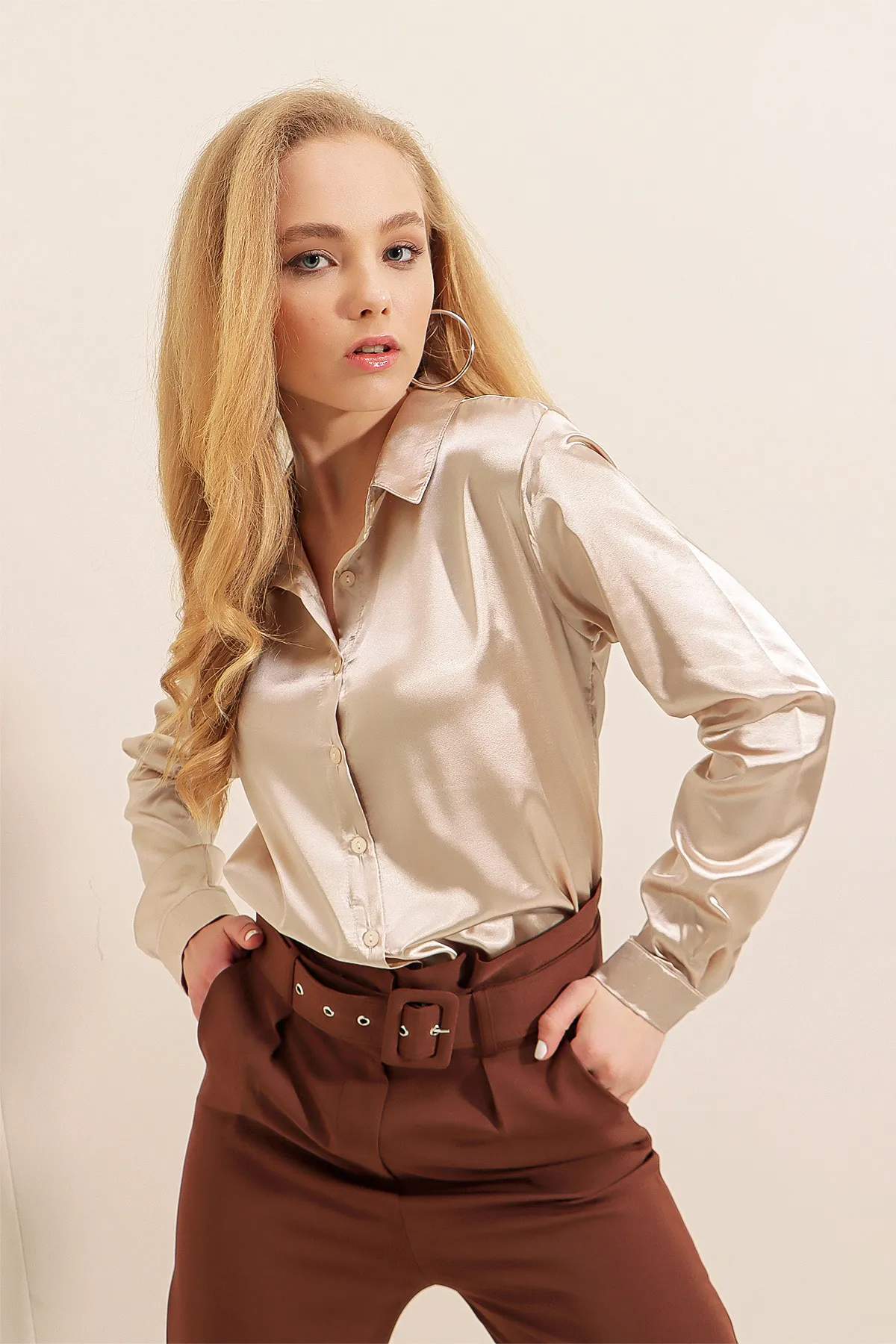 Bigdart  3964 Leicht fließendes Satinhemd – Beige