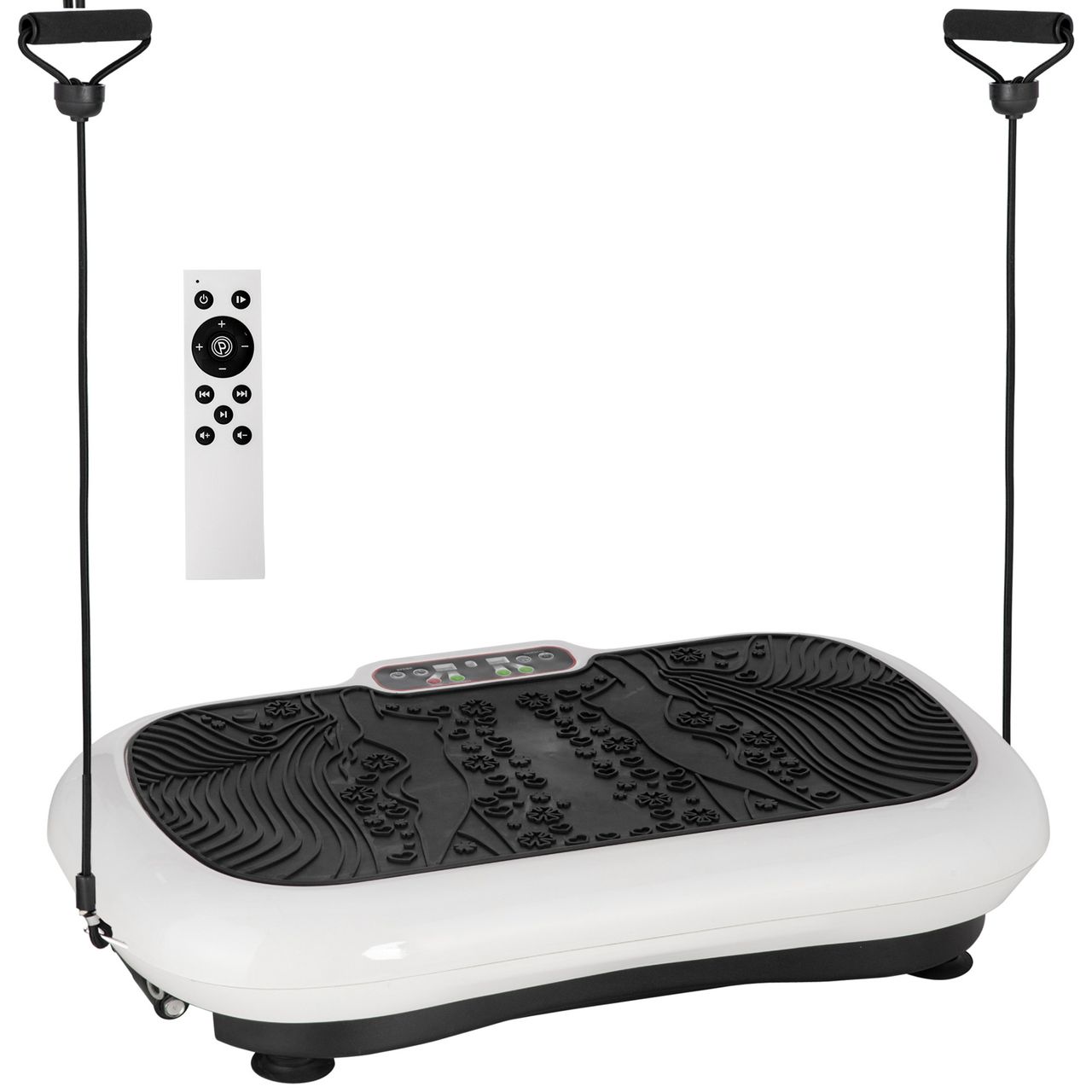 HOMCOM Vibrationsplatte mit 2 Fitnessbändern 99 Vibrationsstufen 120 kg Belastbarkeit Rüttelplatte Fitnessgeräte für Ganzkörpertraining zu Hause mit LCD-Anzeige 200W 73 x 40 x 13cm Weiß Schwarz