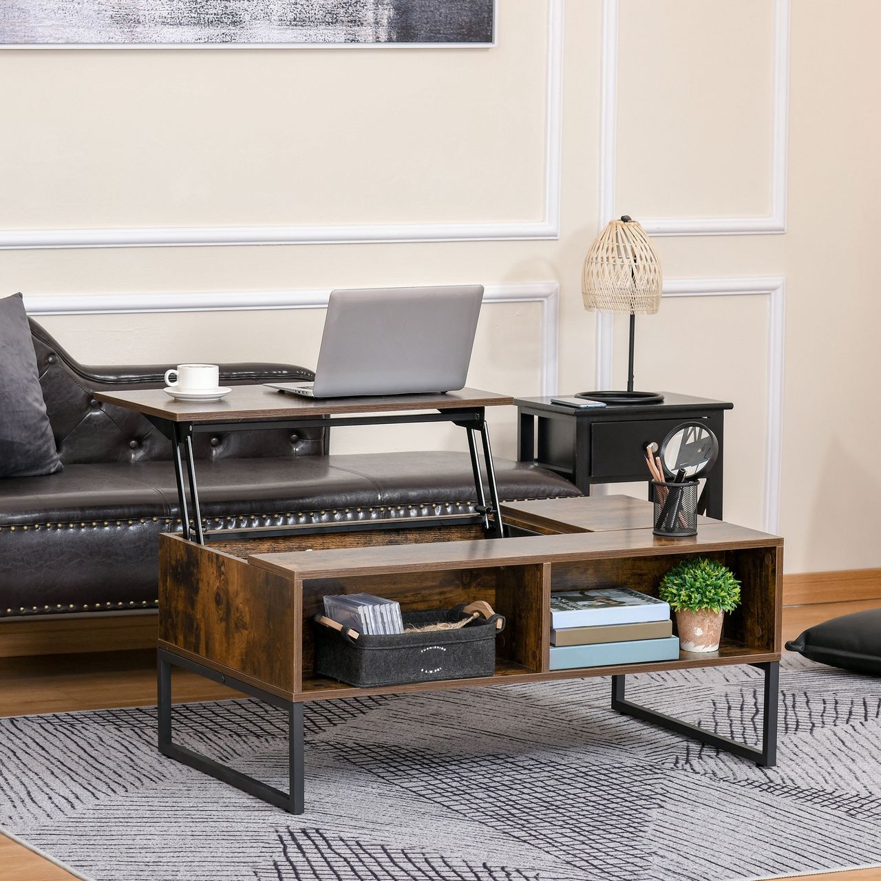 HOMCOM Couchtisch Wohnzimmertisch Kaffeetisch mit Höhenverstellbarer Platte Spanplatte Braun 100 x 60 x 44 cm