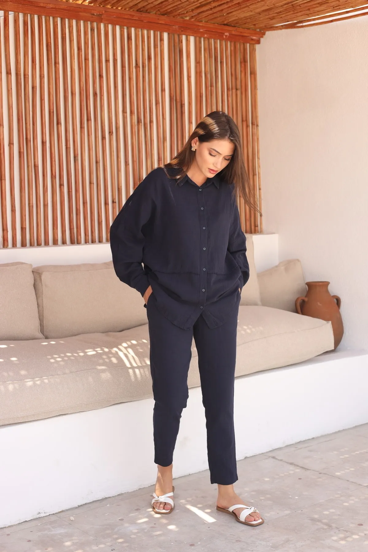 Laluvia  Marineblauer, roher Leinenhemd-Hose-Damenanzug