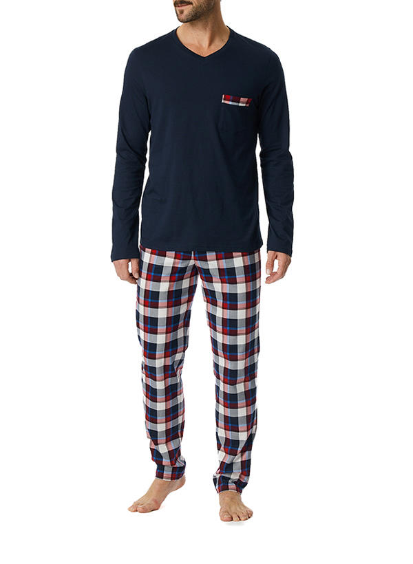 Schiesser, Pyjama, Baumwoll-Jersey, nachtblau-rot kariert