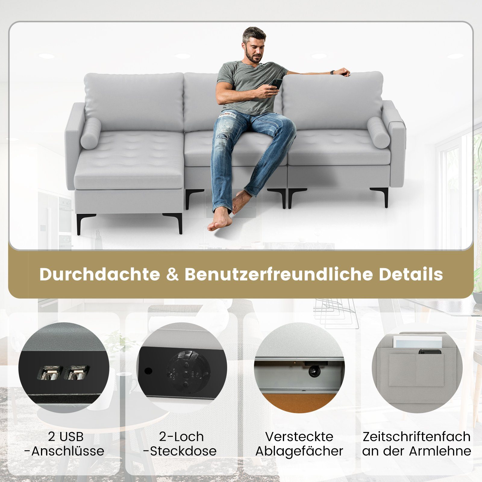 COSTWAY Ecksofa, mit Schlaffunktion, 2 USB-Anschlüsse&Steckdose, 322x130x80cm