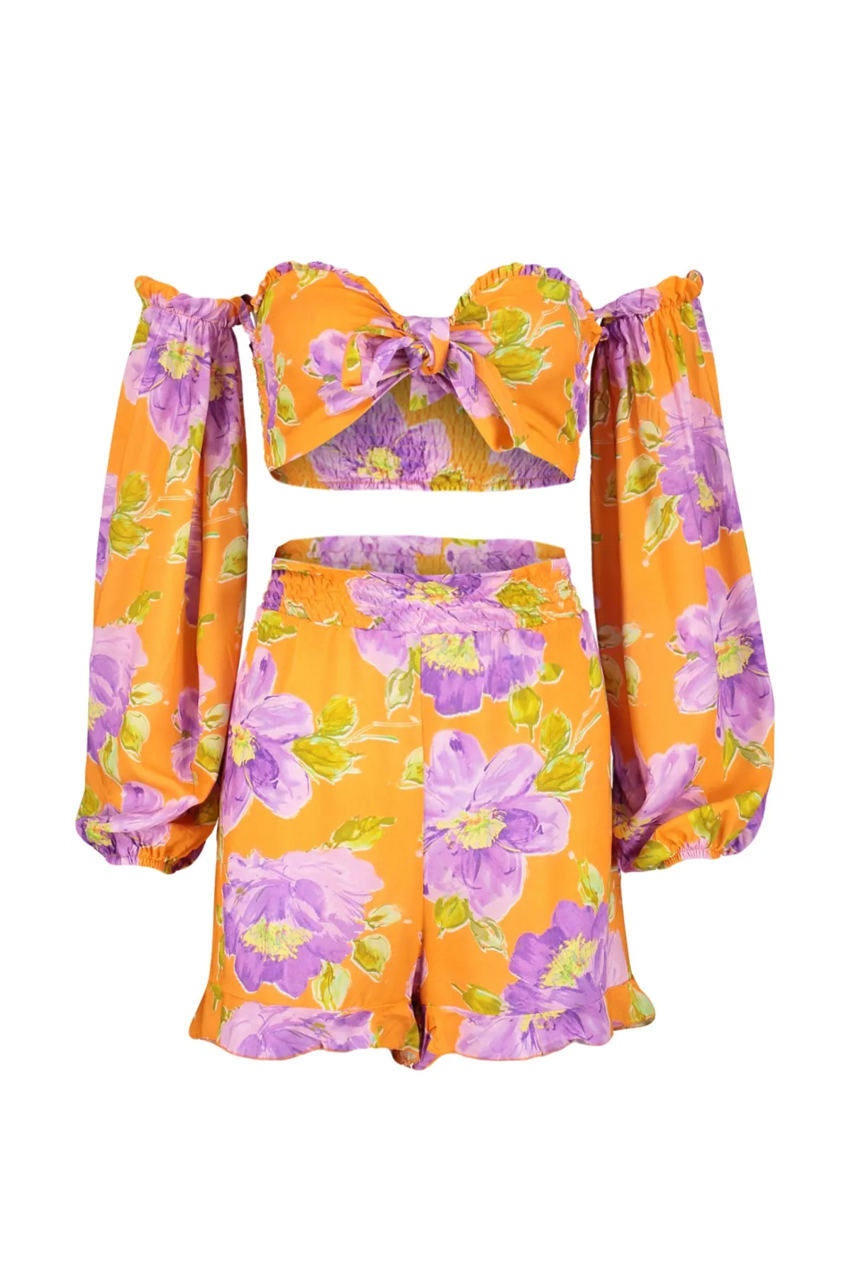 Trendyol Collection  Gewebtes Set mit Bluse und Shorts mit Blumenmuster und Bindeband TBESS22AU0016