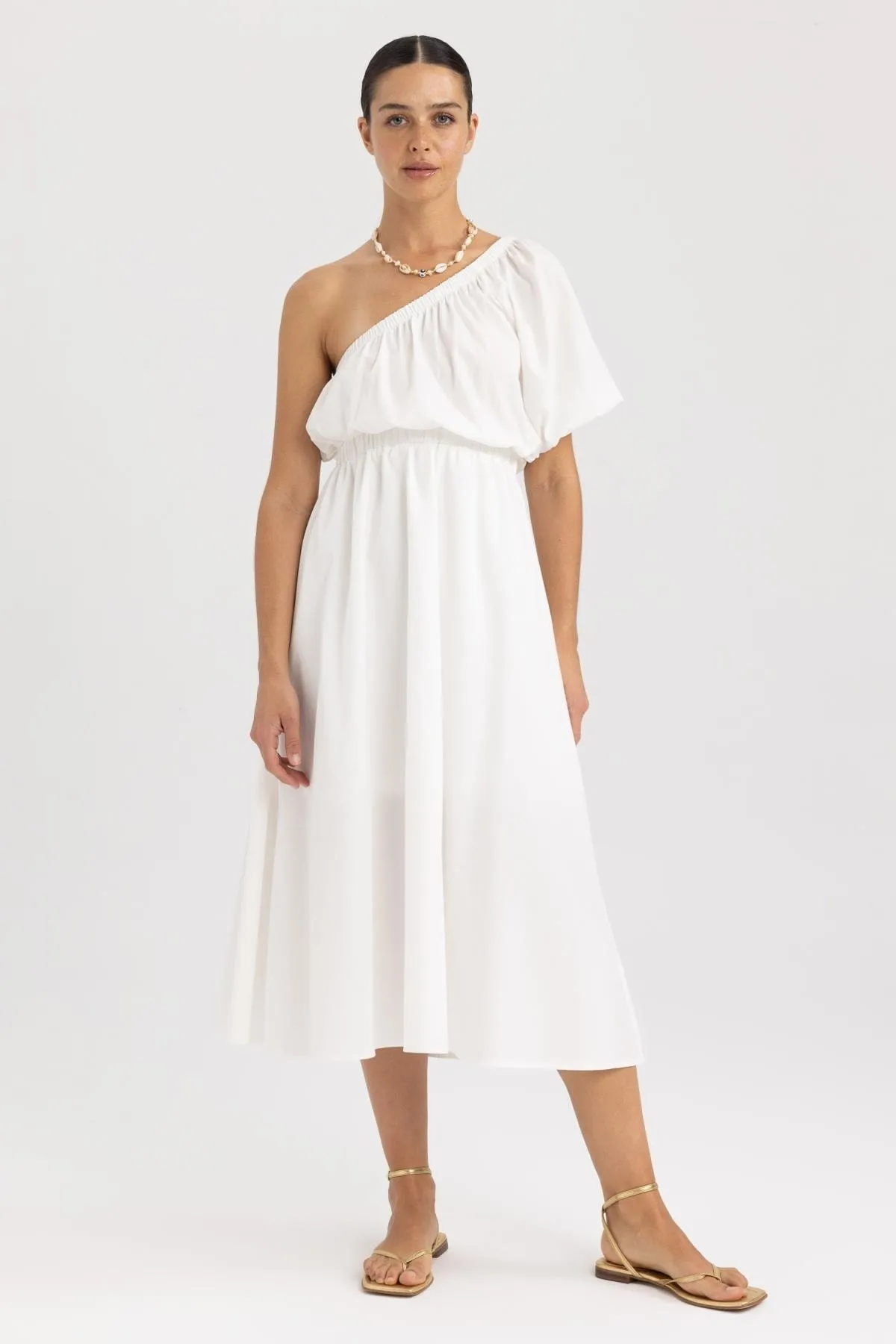 DeFacto  Weißes One-Shoulder-Midikleid aus Popeline - Kurzarm A9416ax23hs