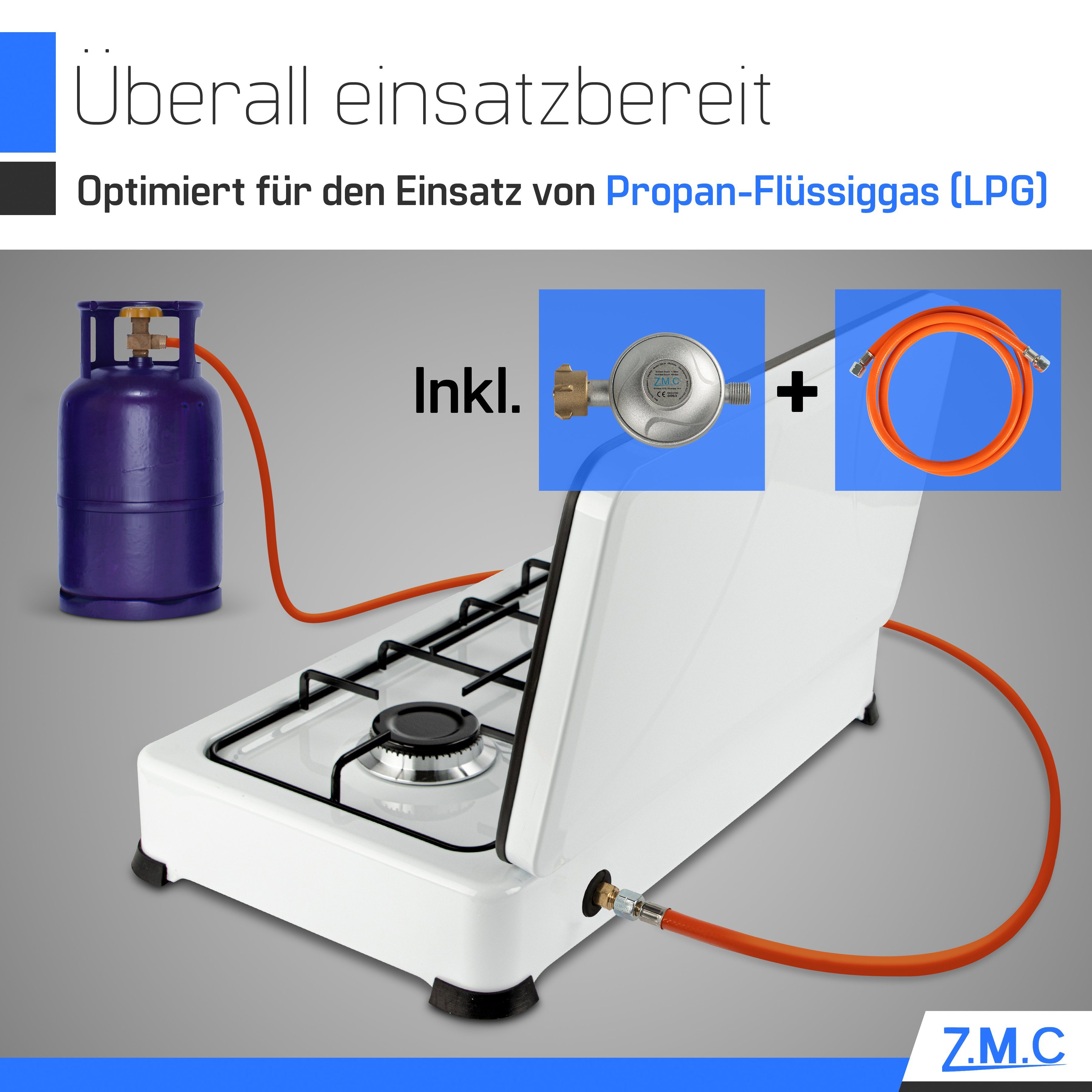 ZMC Gaskocher Tragbarer Gaskocher Campingkocher 2-flammig inkl. Schlauch und Regler, 2,2 kW 50 mBar Outdoor Gasherd Kochfeld Herd Propangas Tischkocher